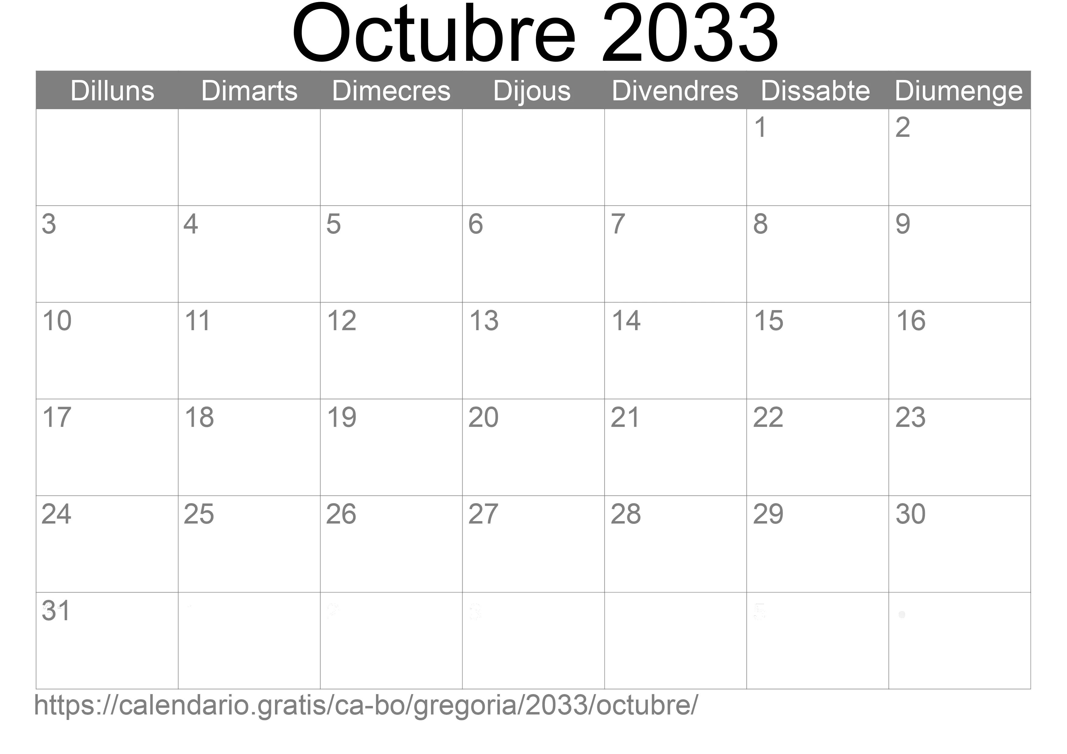Calendari Octubre 2033 per imprimir (Bolívia)