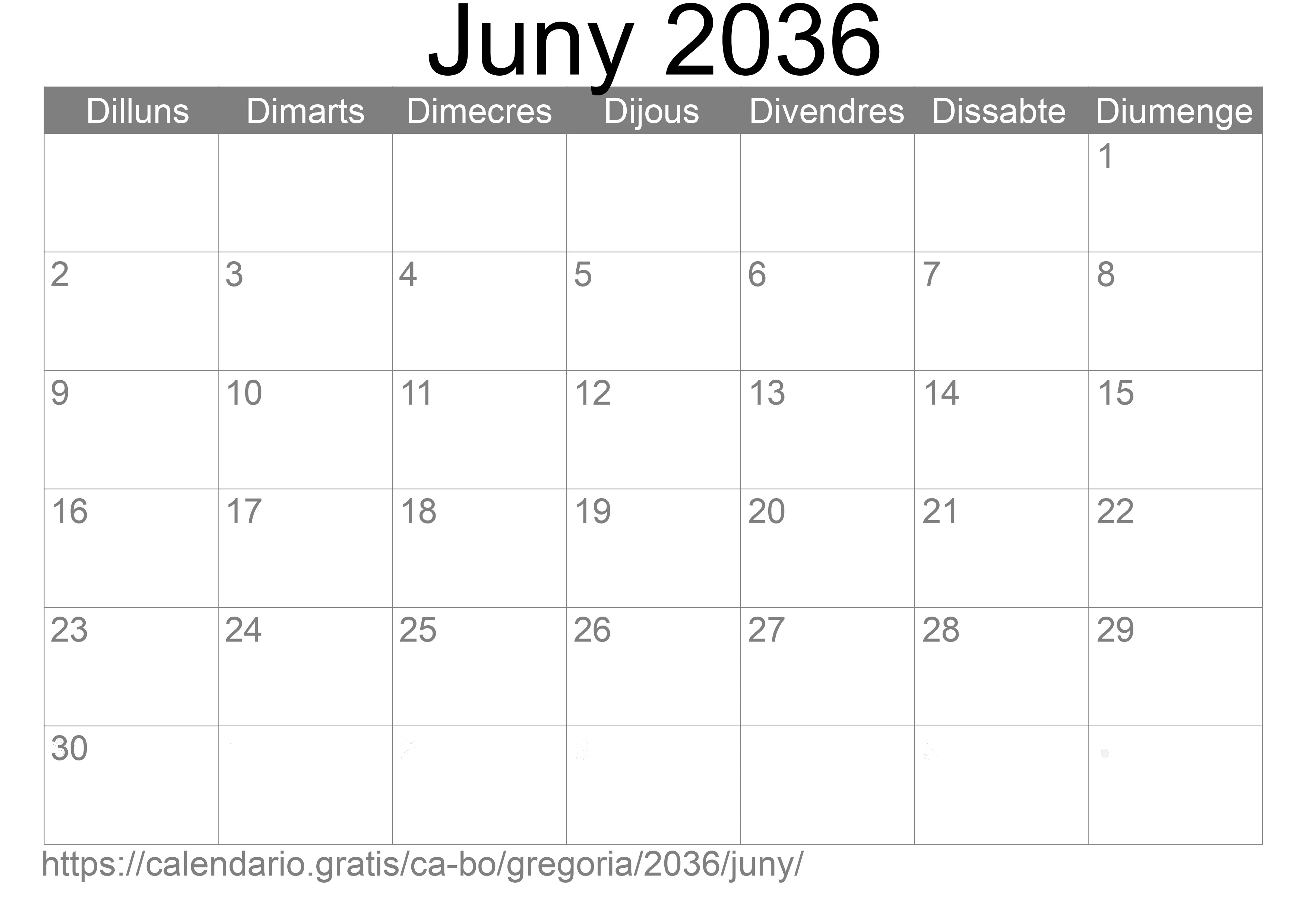 Calendari Juny 2036 per imprimir (Bolívia)