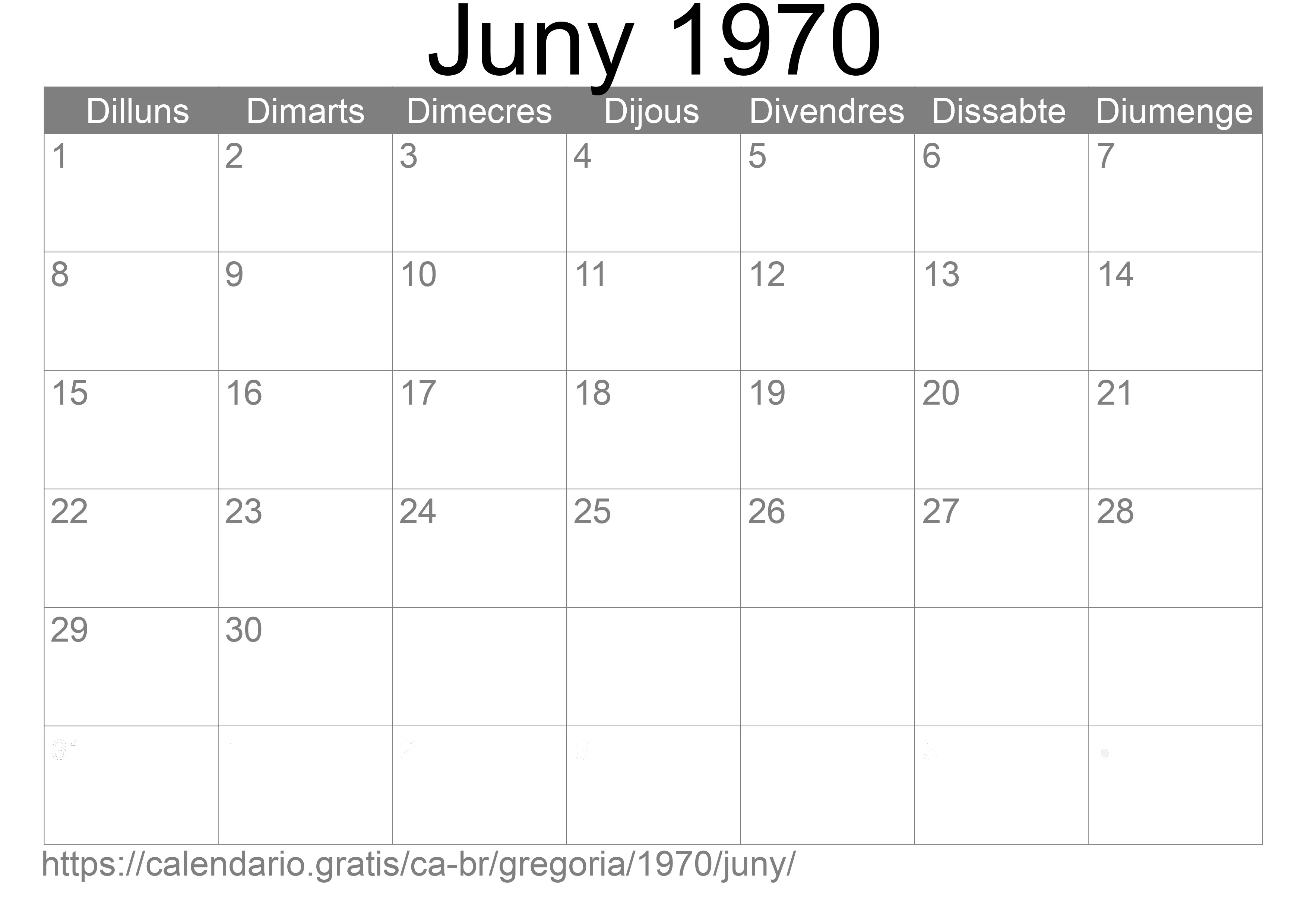 Calendari Juny 1970 per imprimir (Brasil)
