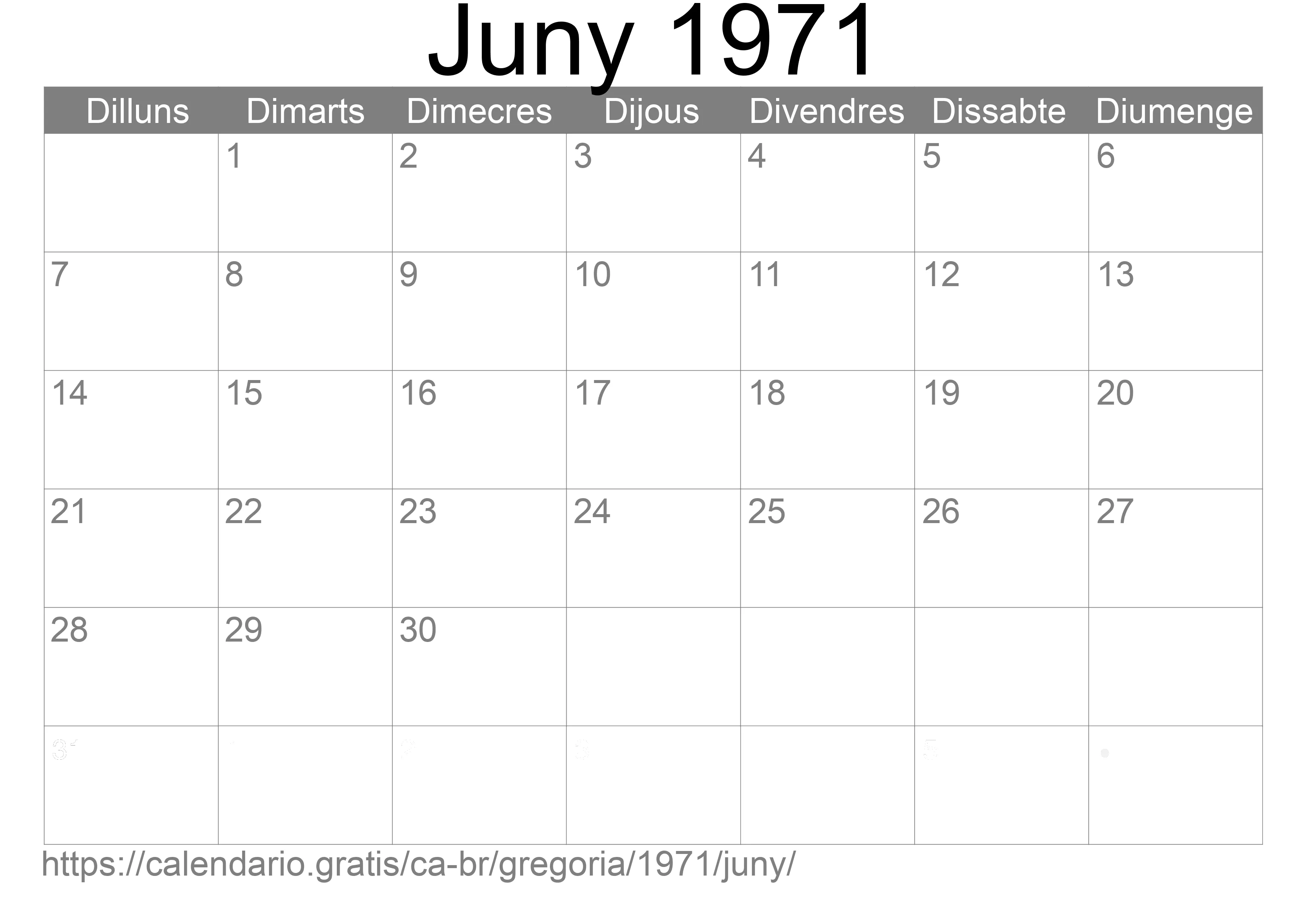 Calendari Juny 1971 per imprimir (Brasil)