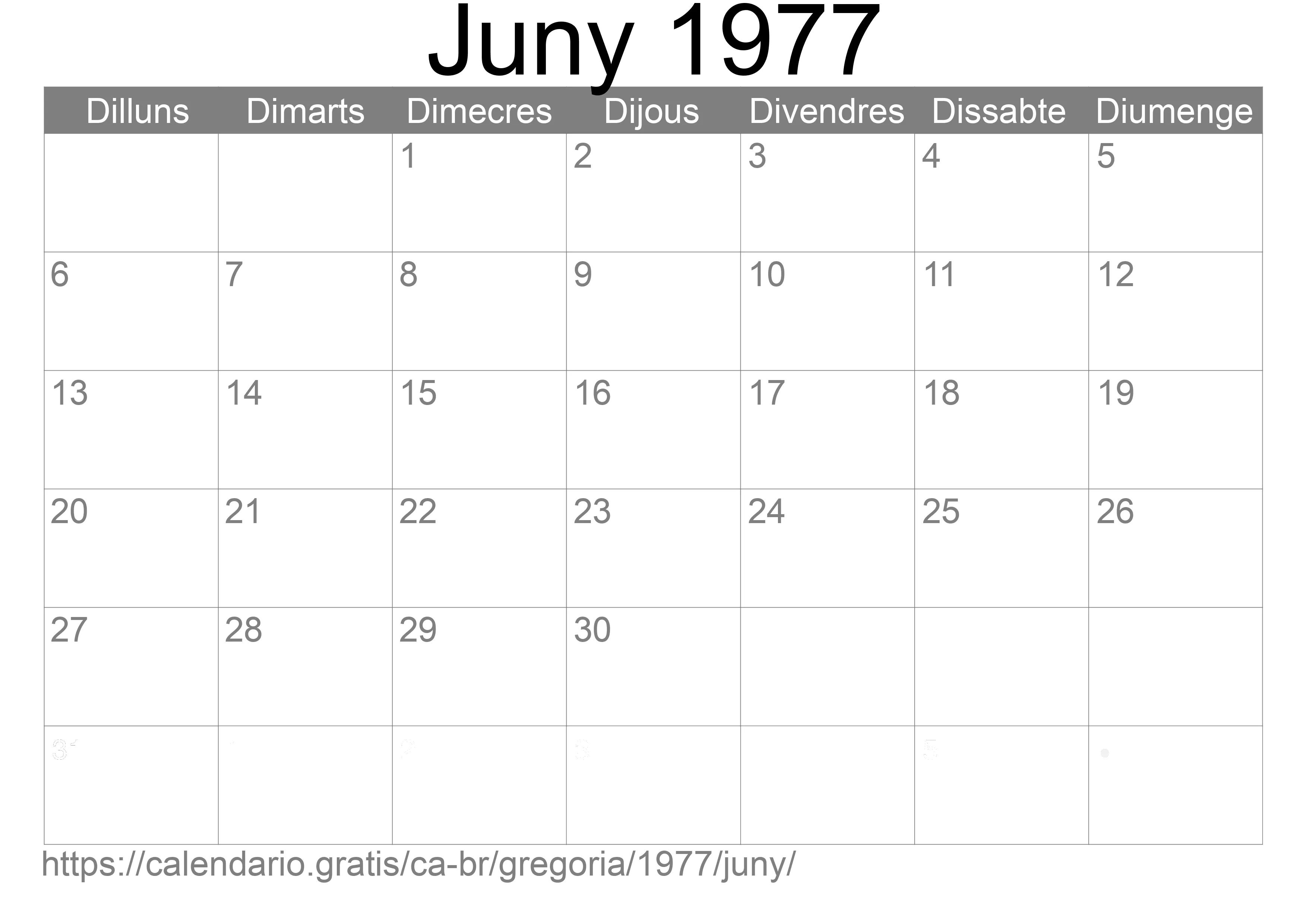 Calendari Juny 1977 per imprimir (Brasil)