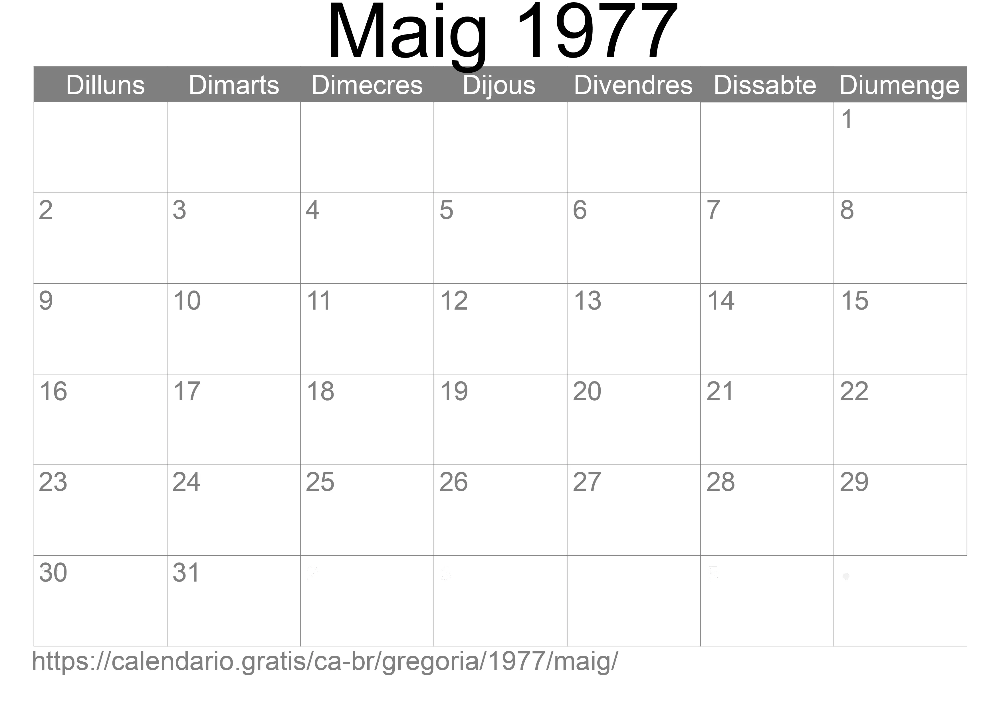 Calendari Maig 1977 per imprimir (Brasil)