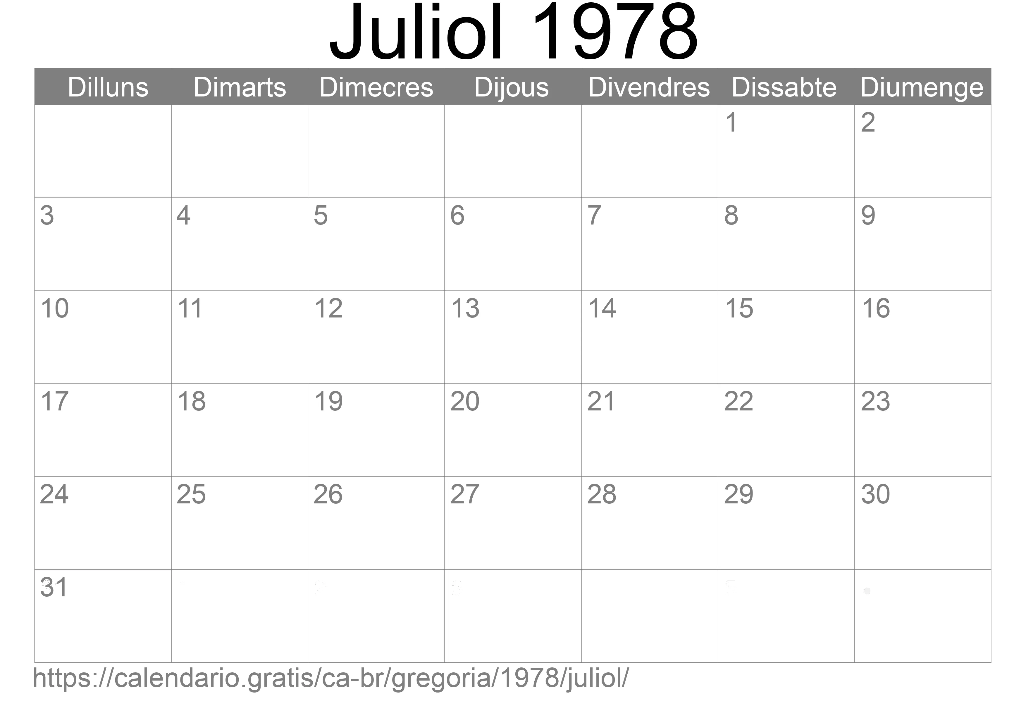 Calendari Juliol 1978 per imprimir (Brasil)