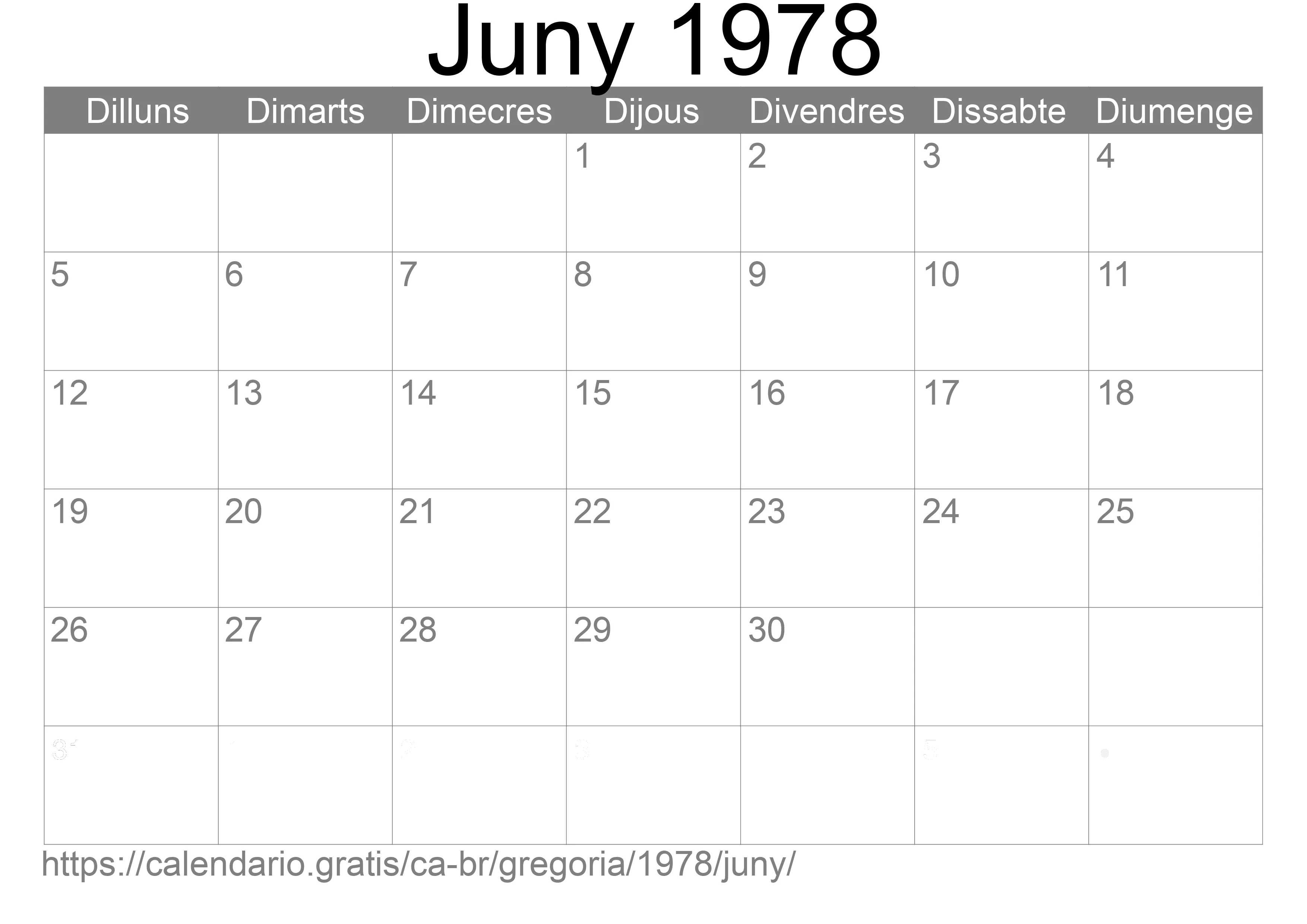 Calendari Juny 1978 per imprimir (Brasil)