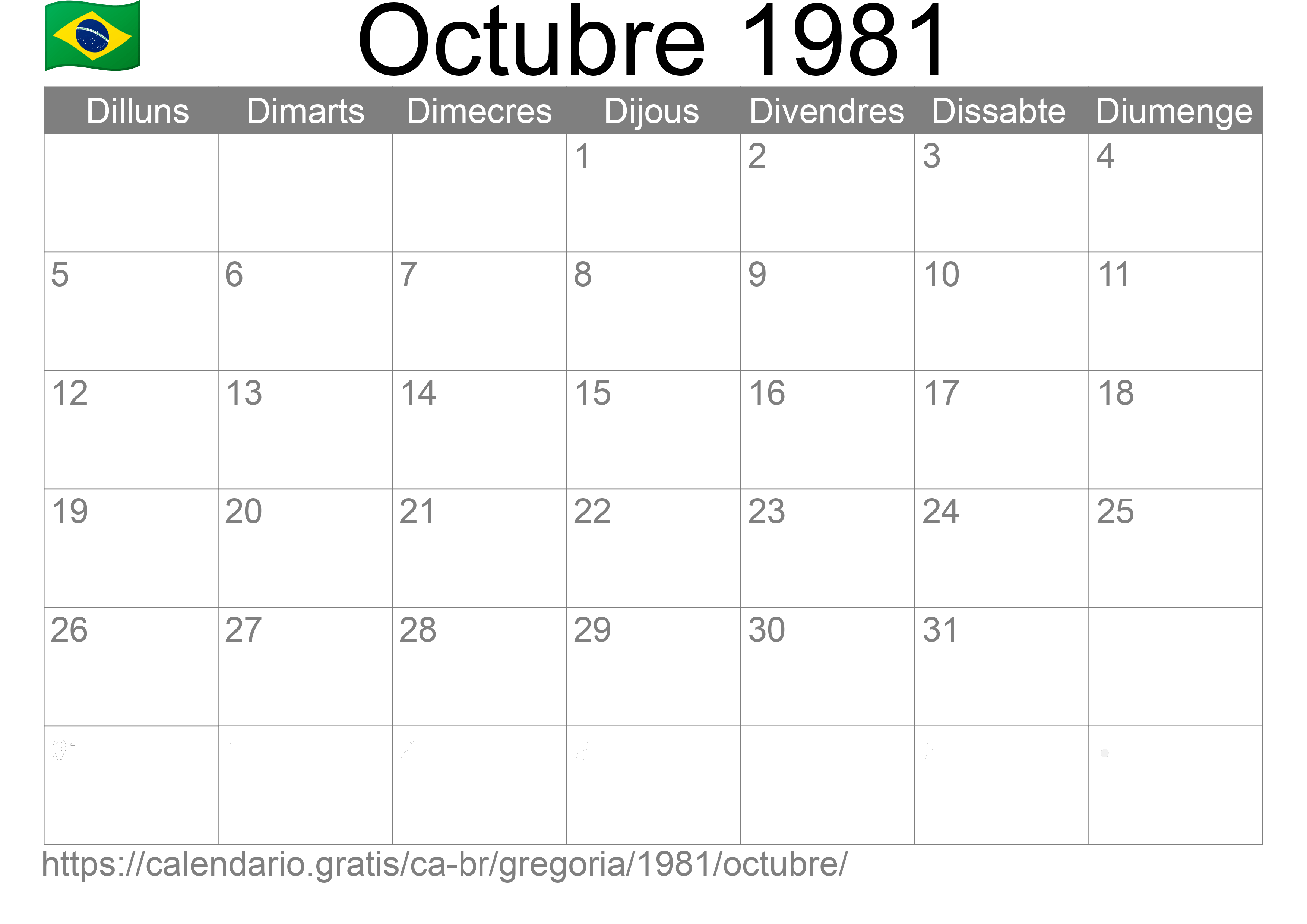 Calendari Octubre 1981 per imprimir