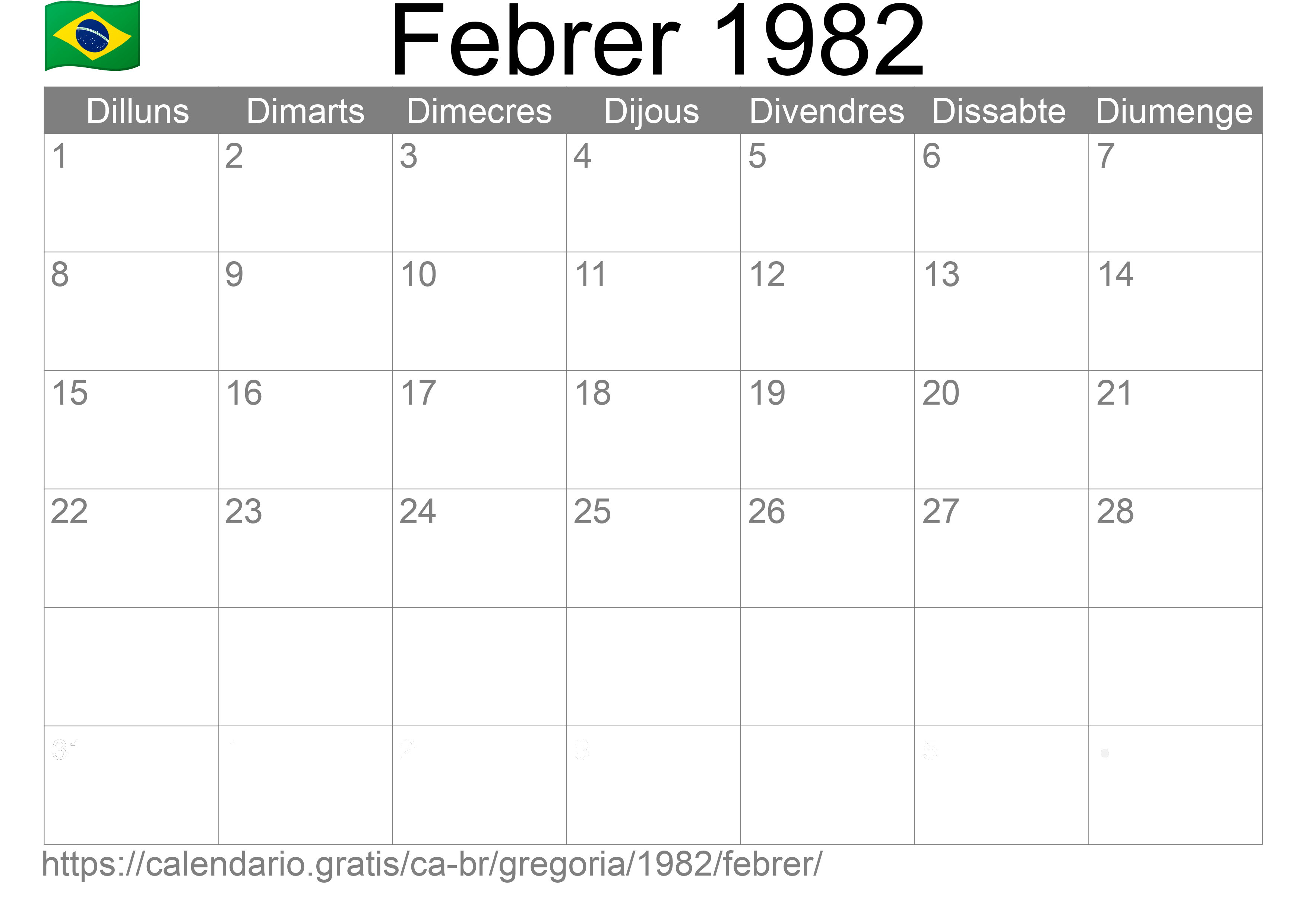 Calendari Febrer 1982 per imprimir