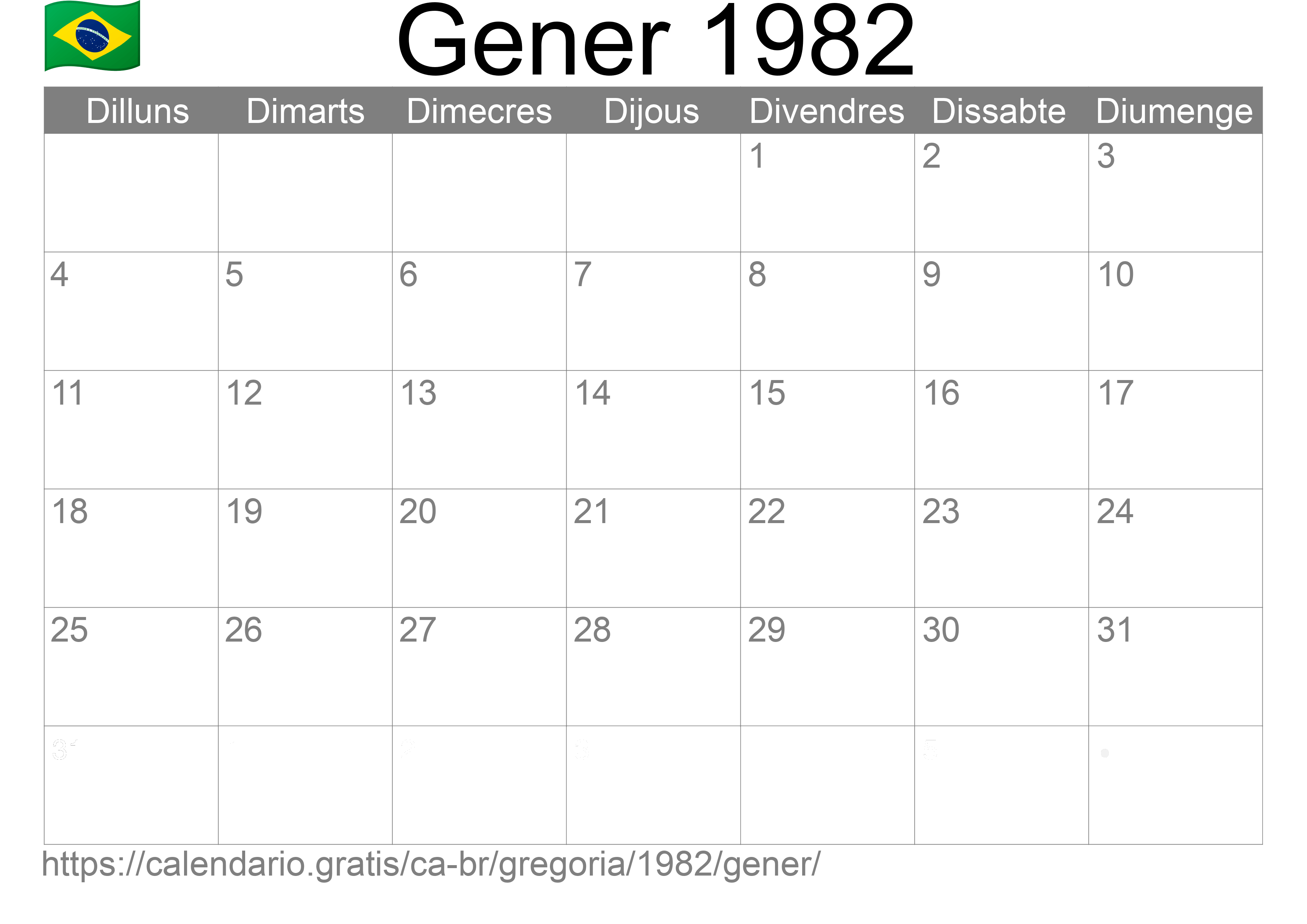 Calendari Gener 1982 per imprimir