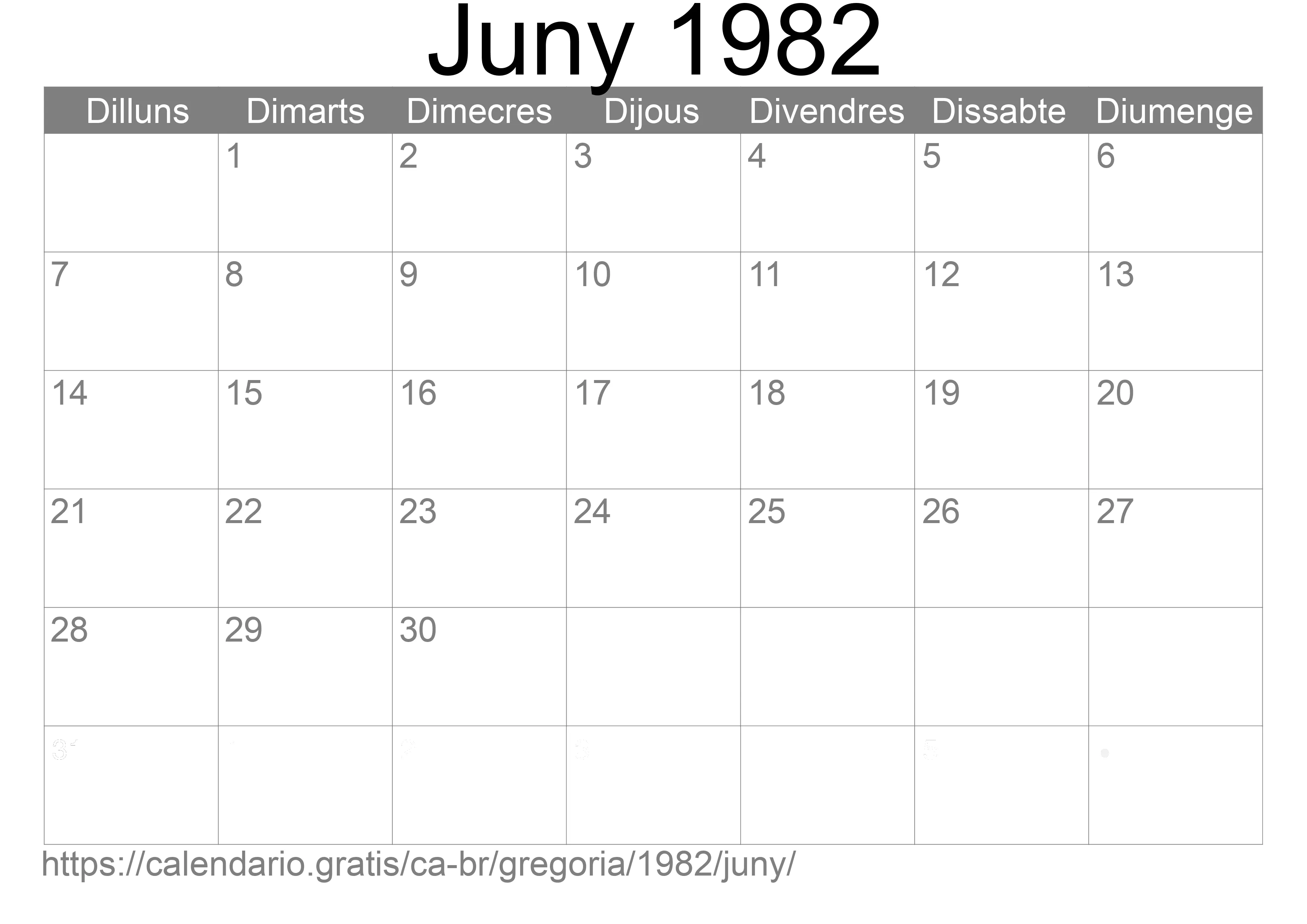 Calendari Juny 1982 per imprimir (Brasil)