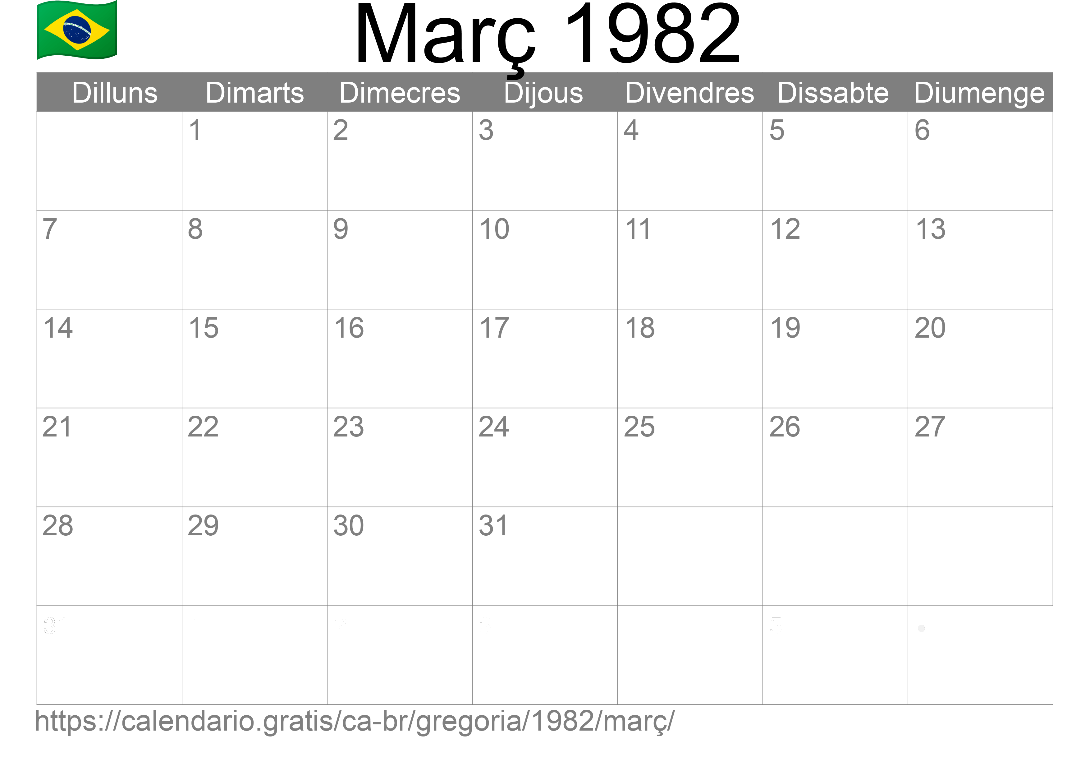 Calendari Març 1982 per imprimir