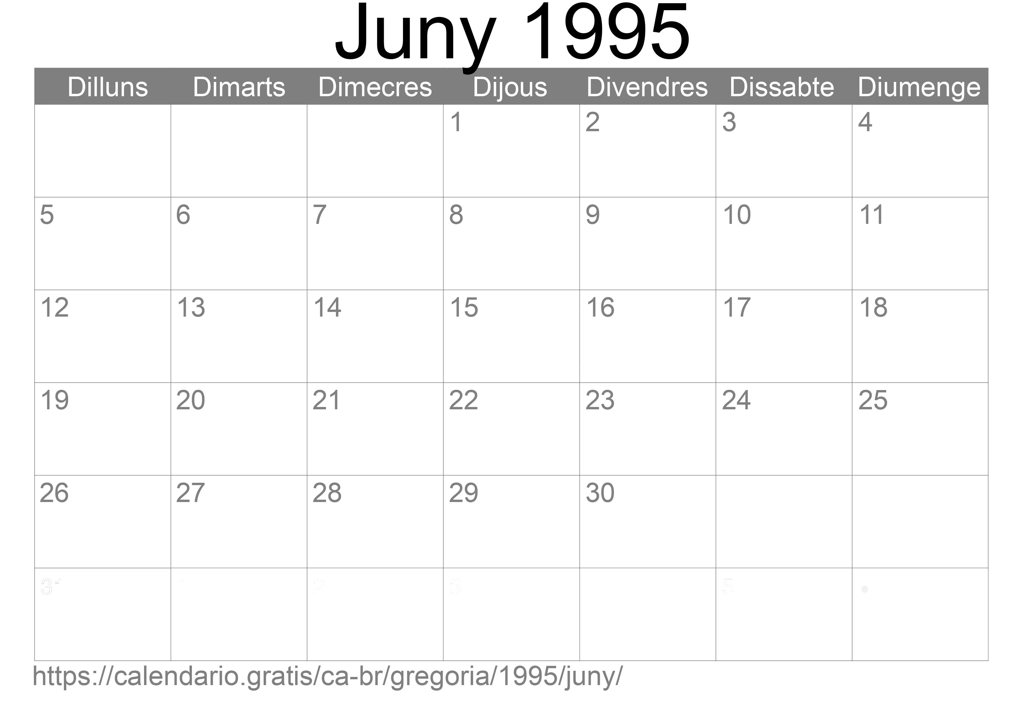 Calendari Juny 1995 per imprimir (Brasil)