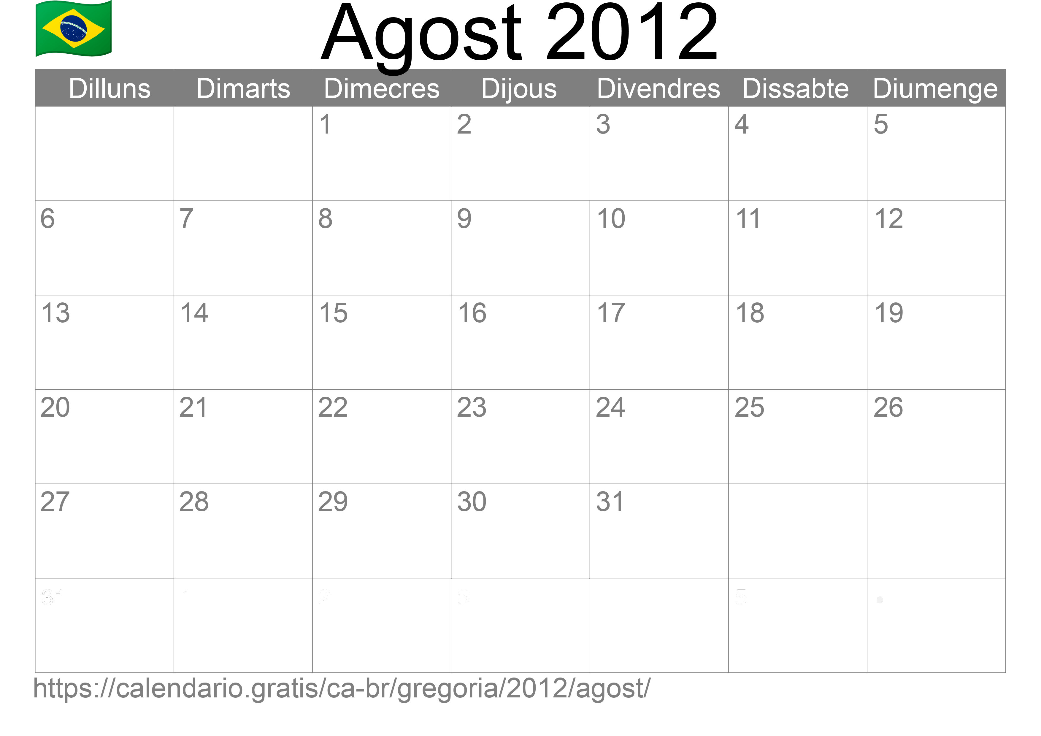 Calendari Agost 2012 per imprimir