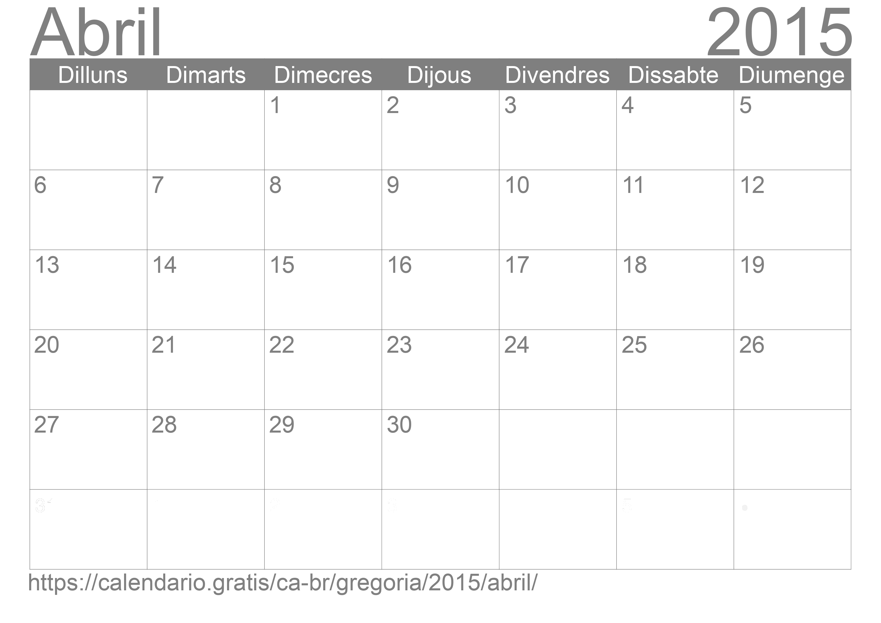 Calendari Abril 2015 per imprimir