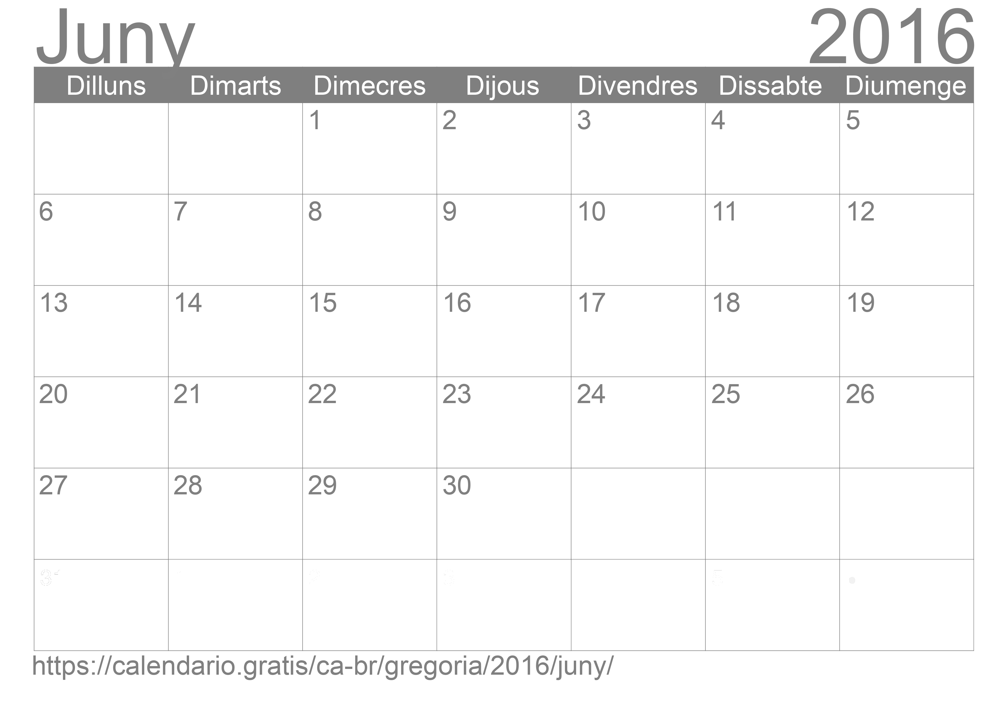 Calendari Juny 2016 per imprimir