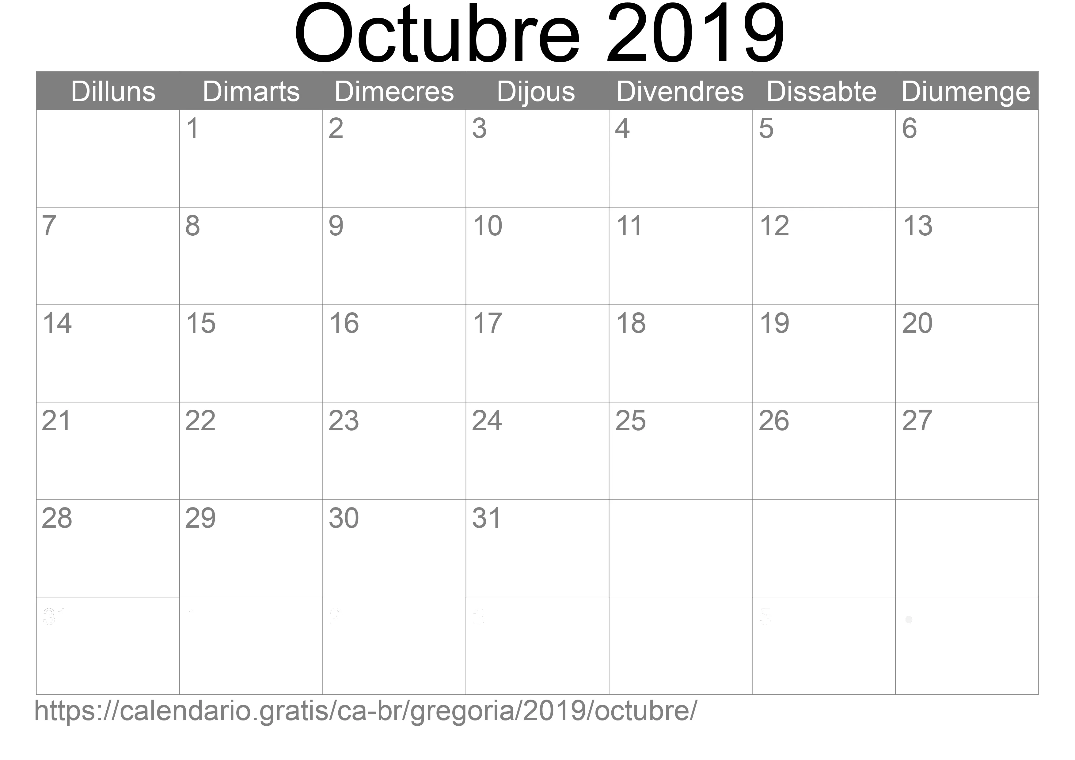 Calendari Octubre 2019 per imprimir (Brasil)