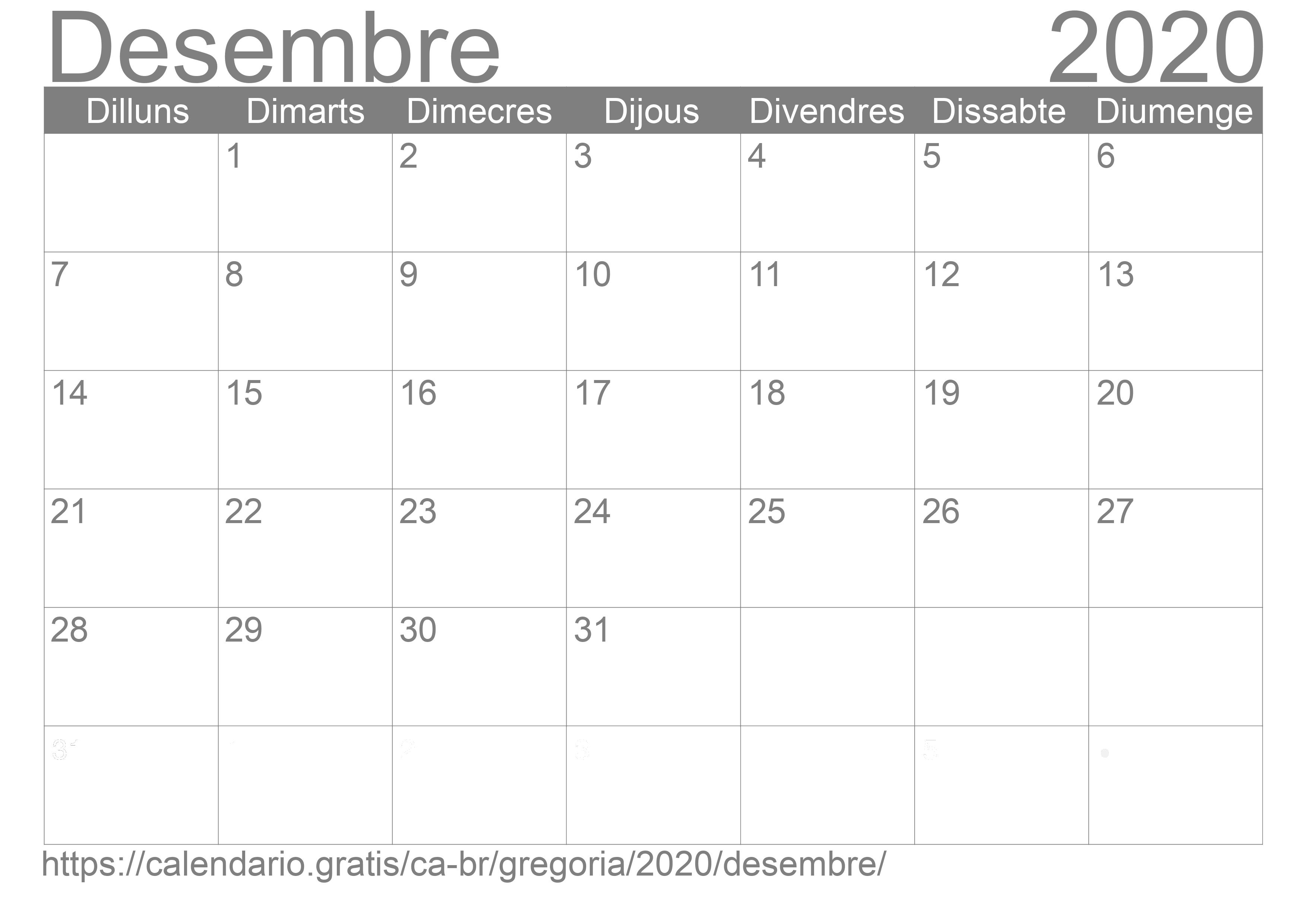 Calendari Desembre 2020 per imprimir