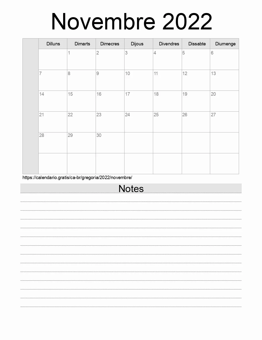 Calendari de Novembre 2022 per imprimir amb notes. (Brasil)