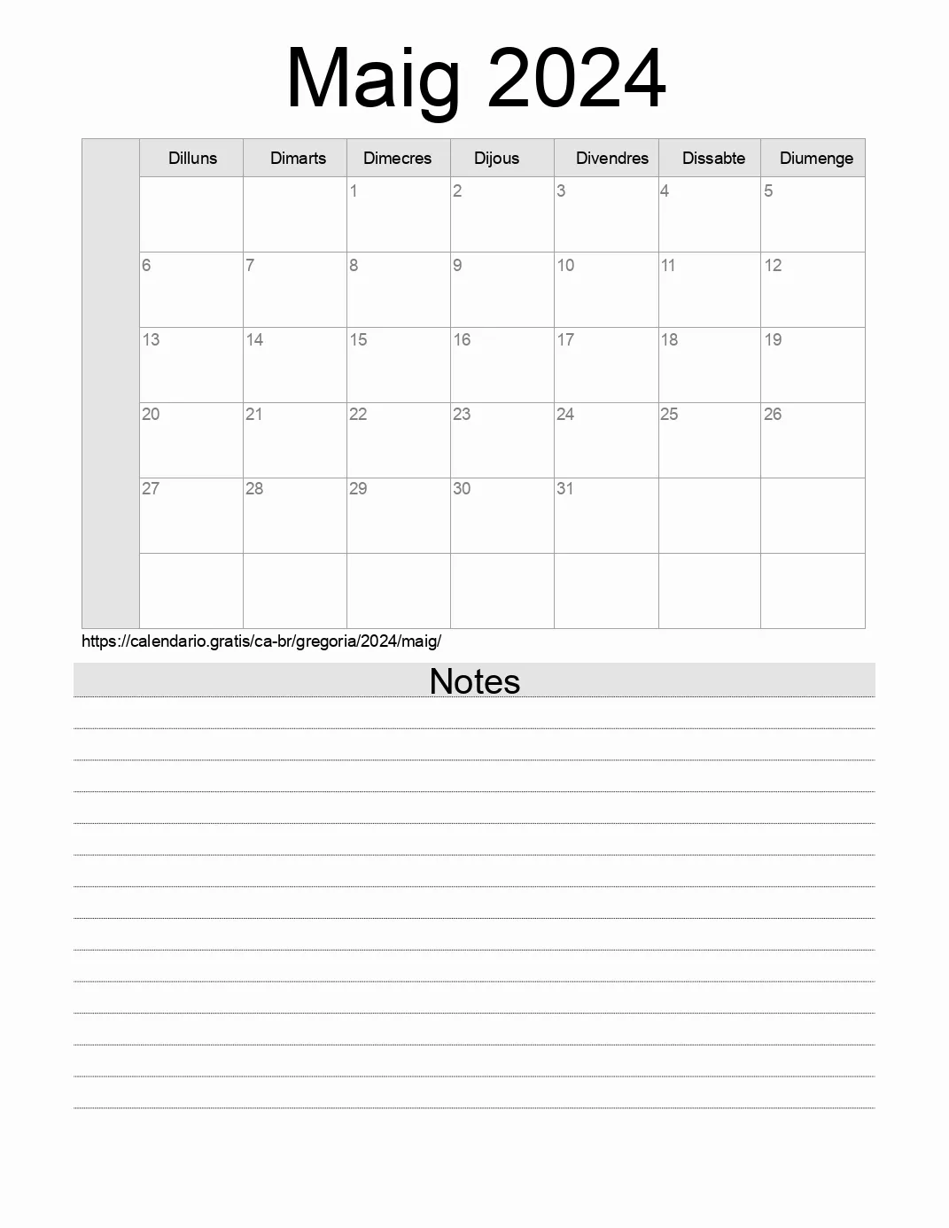 Calendari de Maig 2024 per imprimir amb notes. (Brasil)