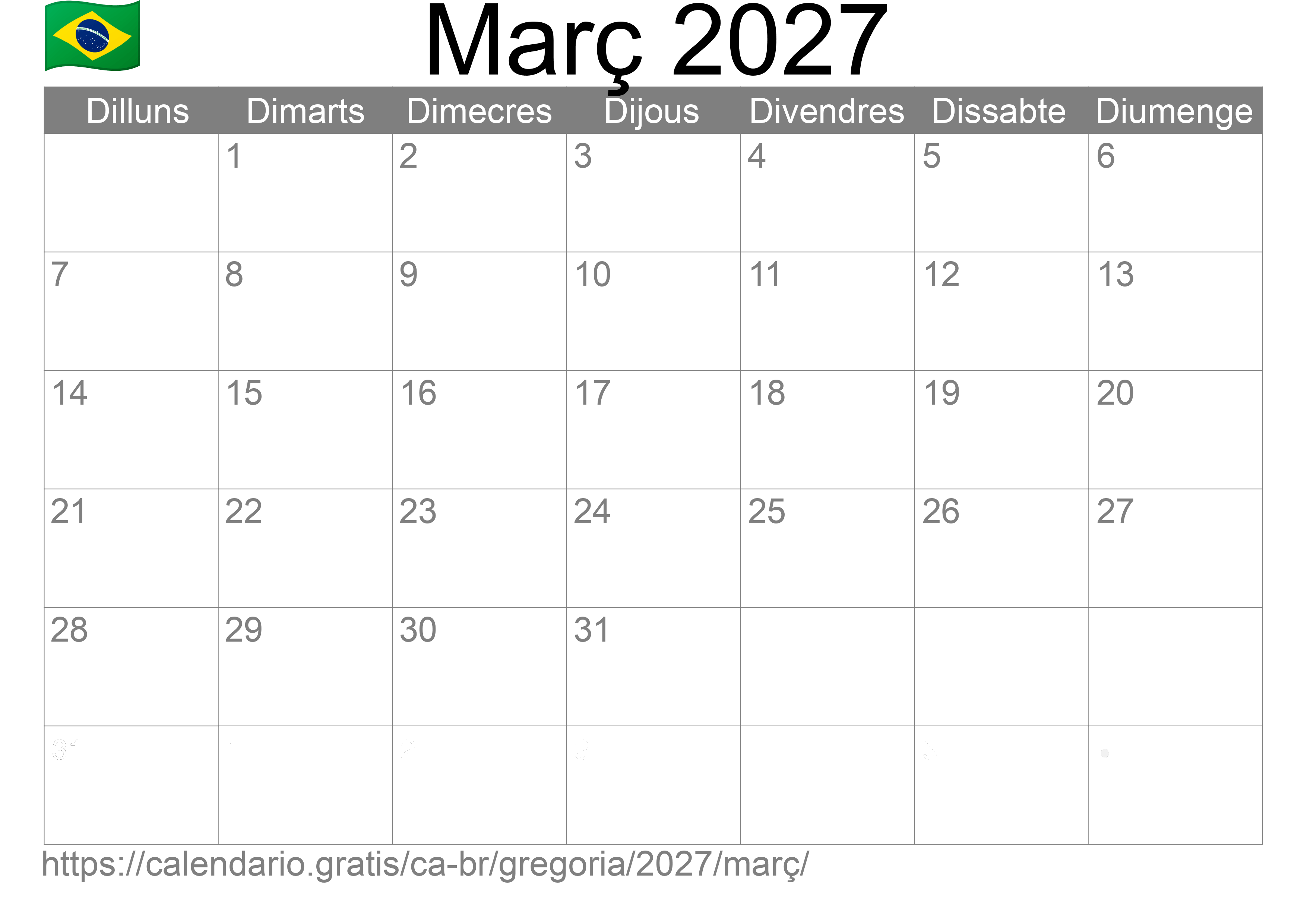 Calendari Març 2027 per imprimir