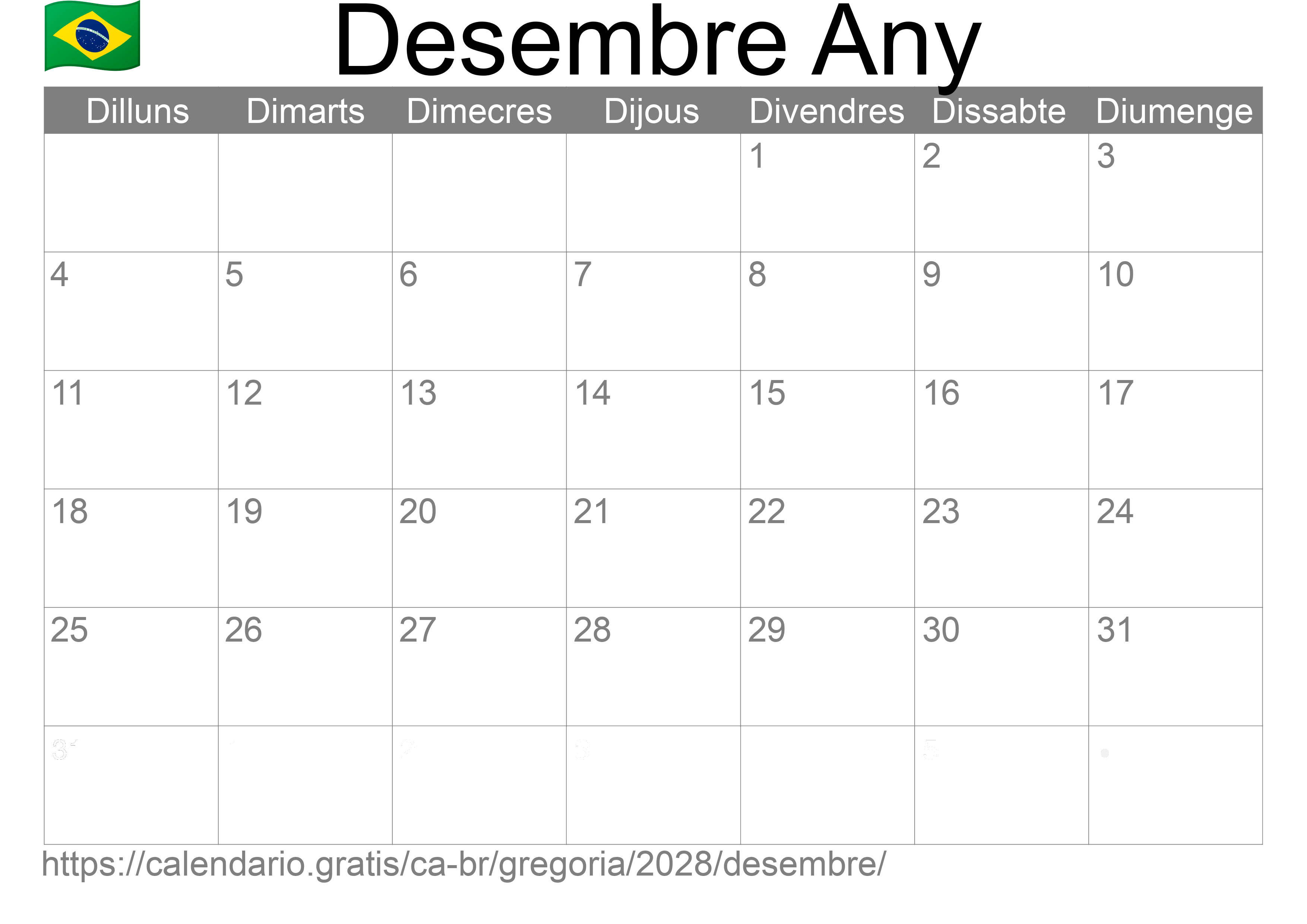 Calendari Desembre 2028 per imprimir