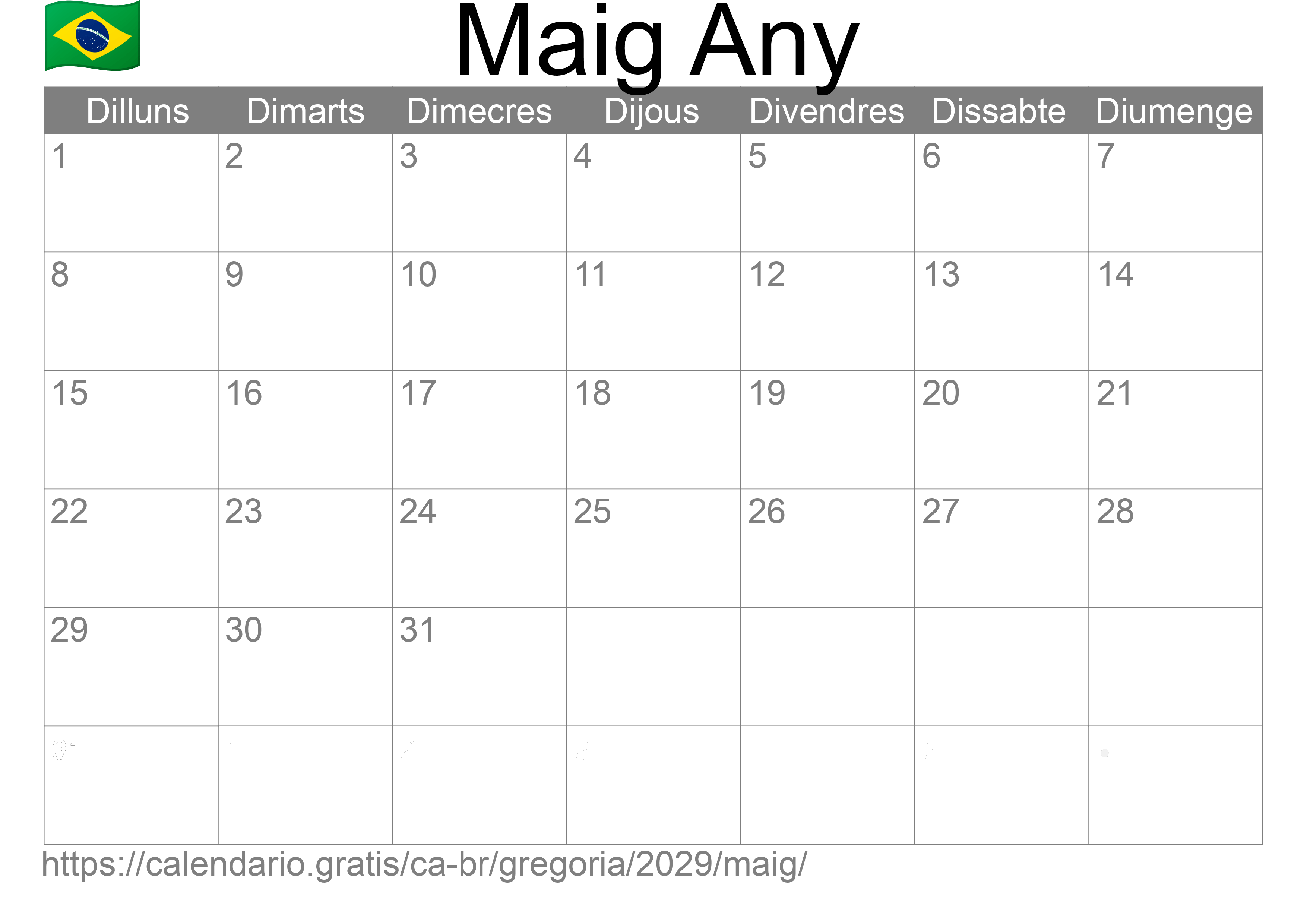 Calendari Maig 2029 per imprimir