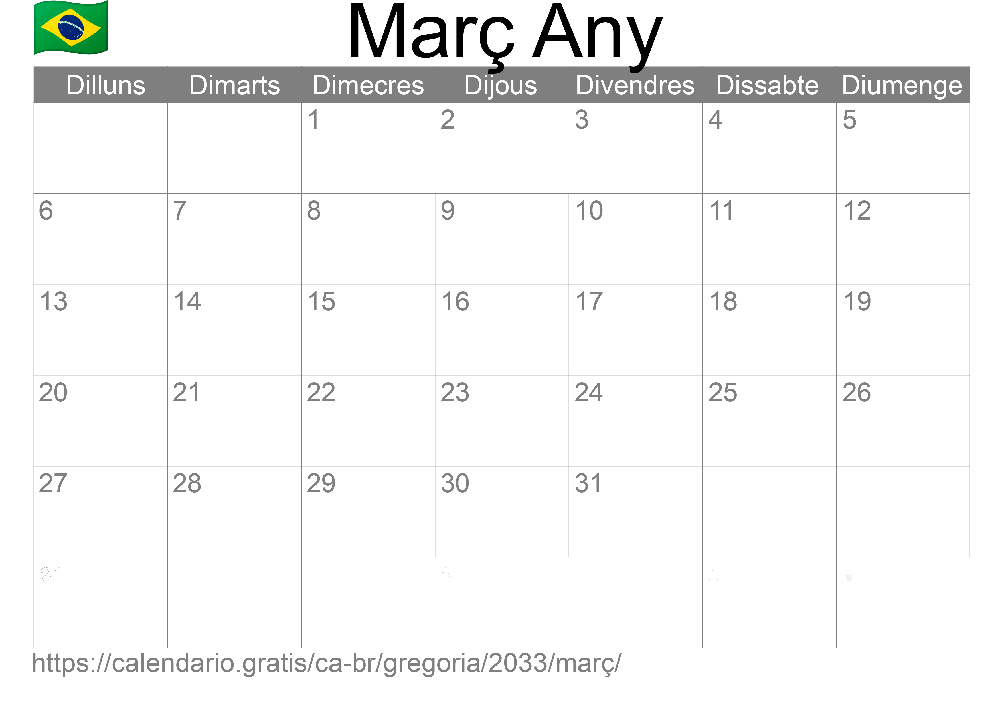 Calendari Març 2033 per imprimir