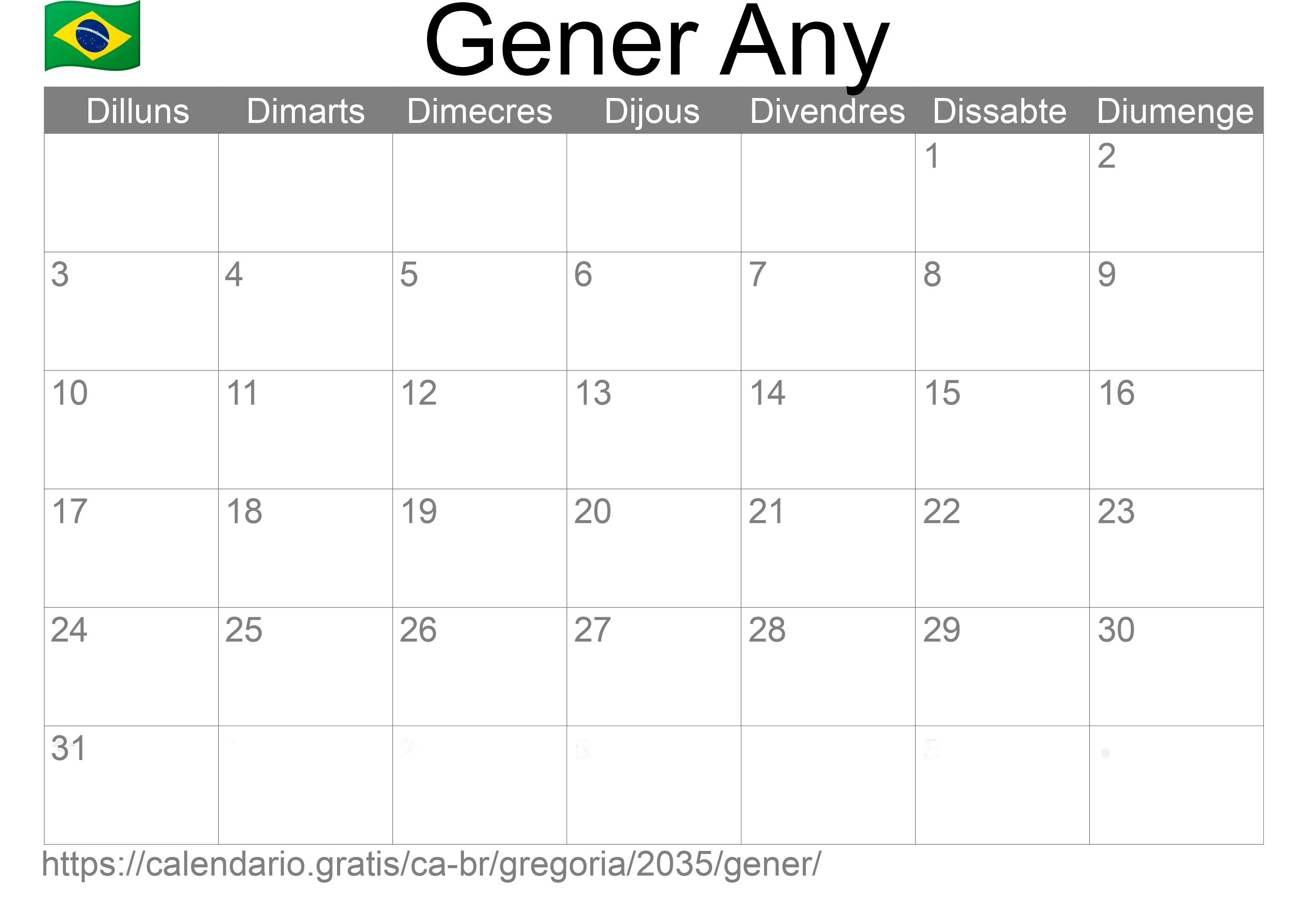 Calendari Gener 2035 per imprimir