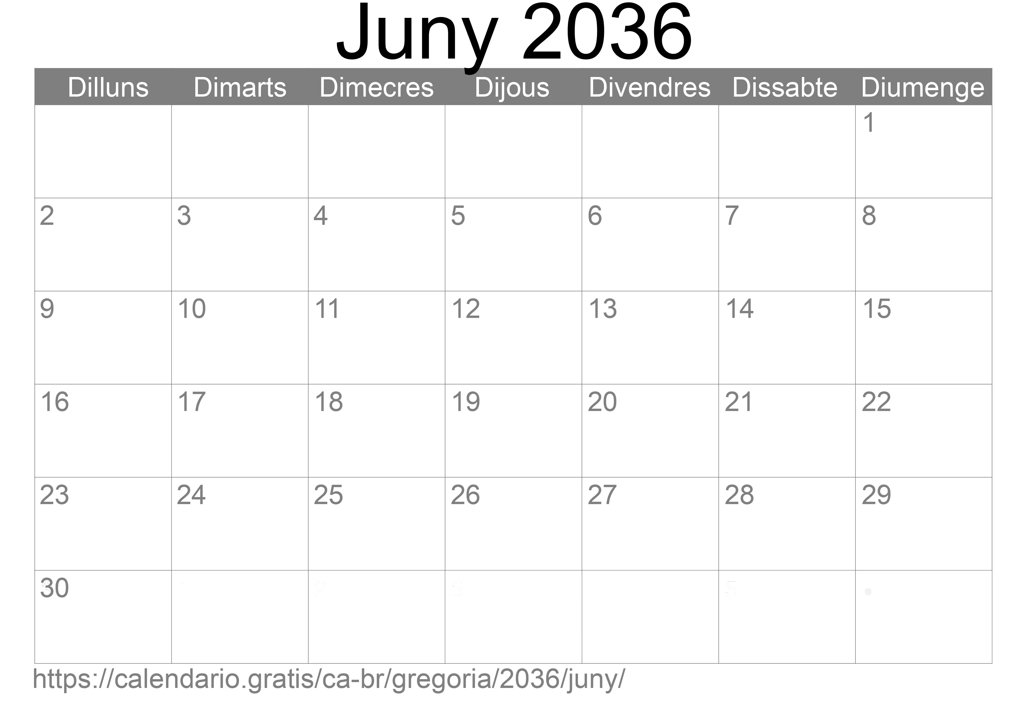 Calendari Juny 2036 per imprimir (Brasil)