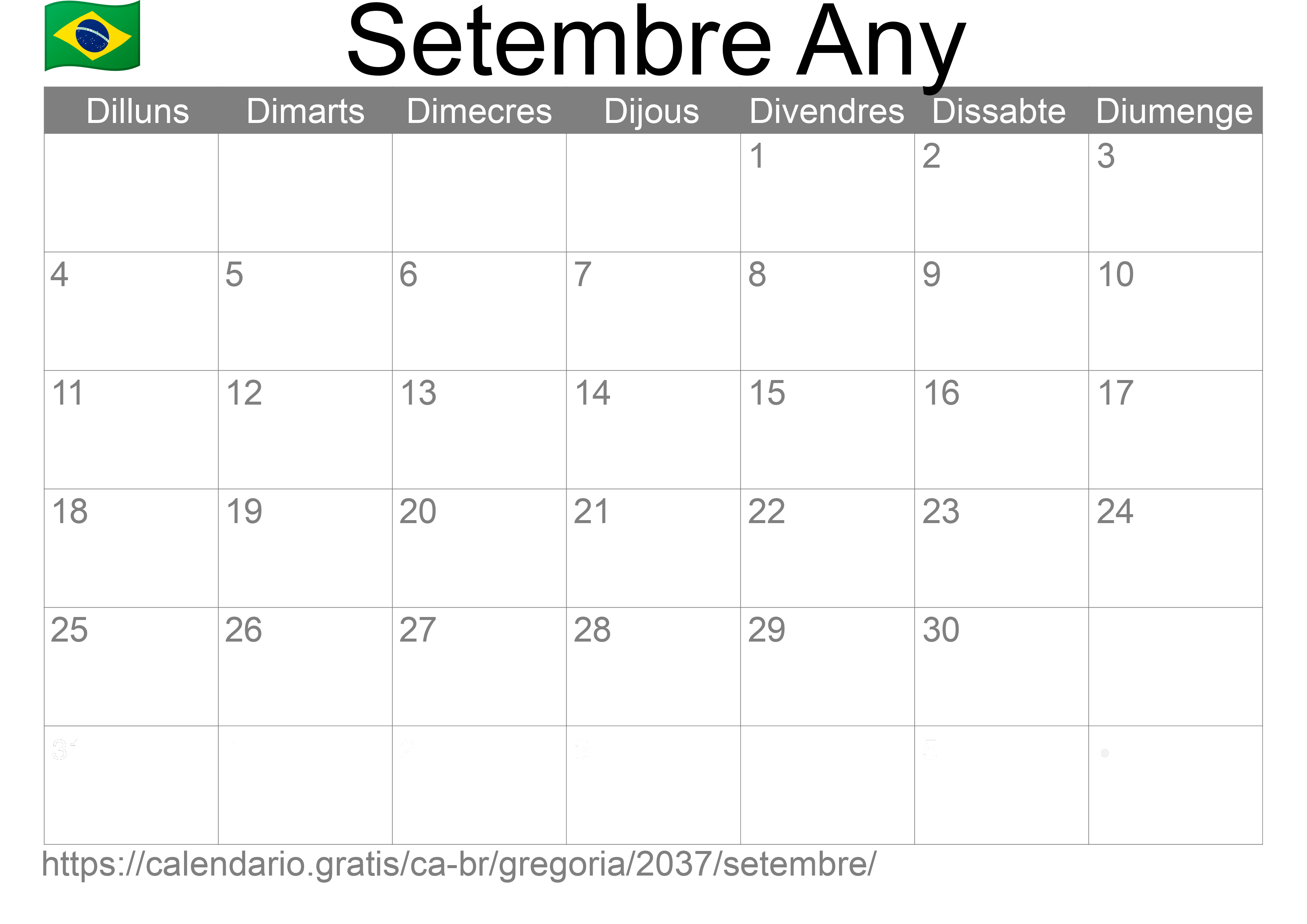 Calendari Setembre 2037 per imprimir