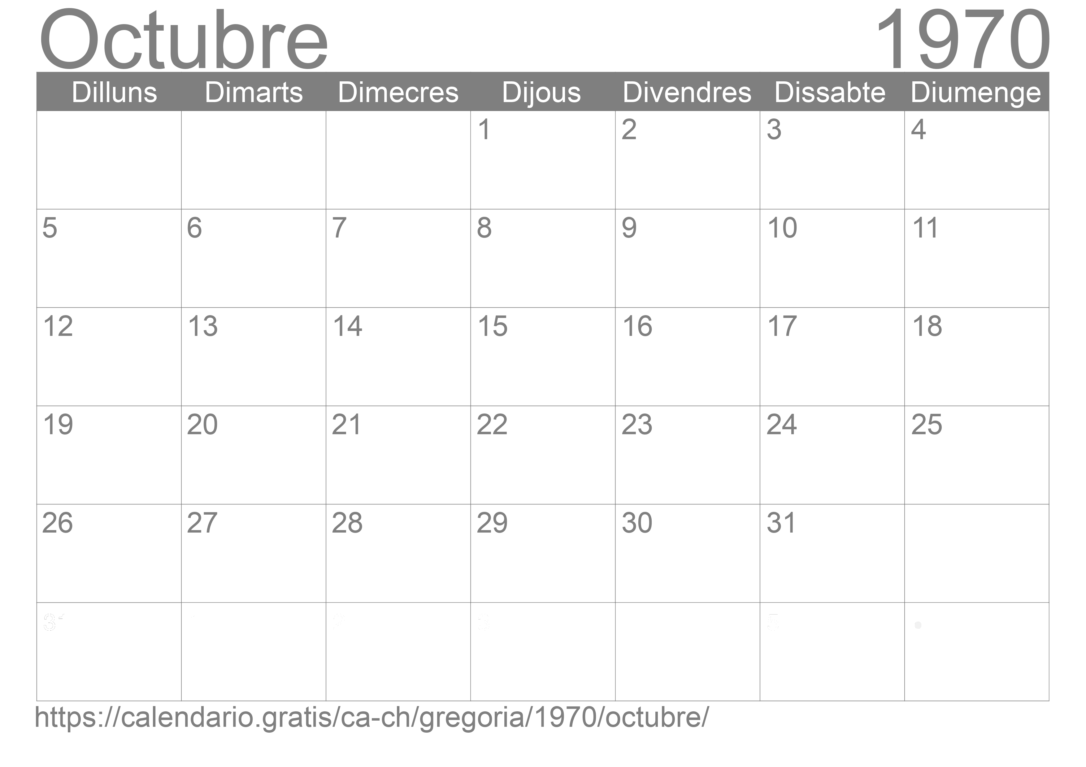 Calendari Octubre 1970 per imprimir