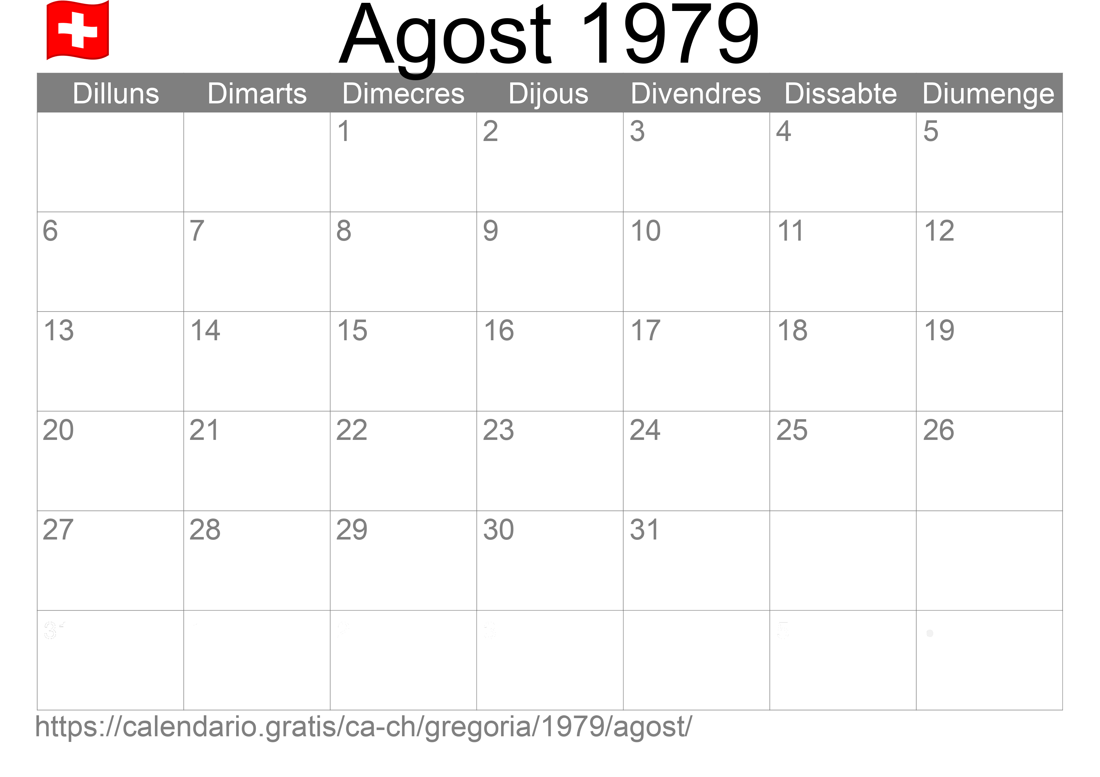 Calendari Agost 1979 per imprimir