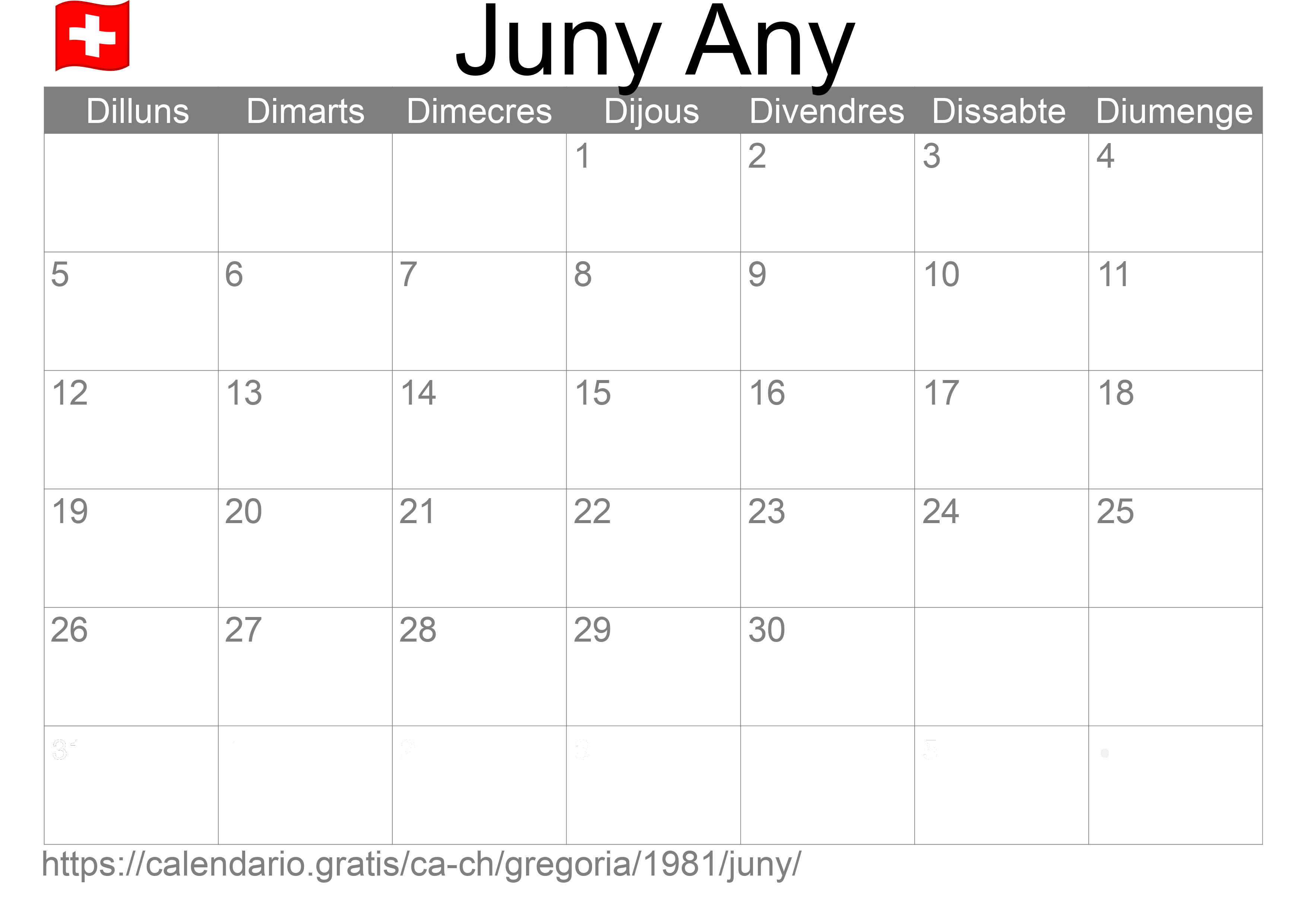 Calendari Juny 1981 per imprimir