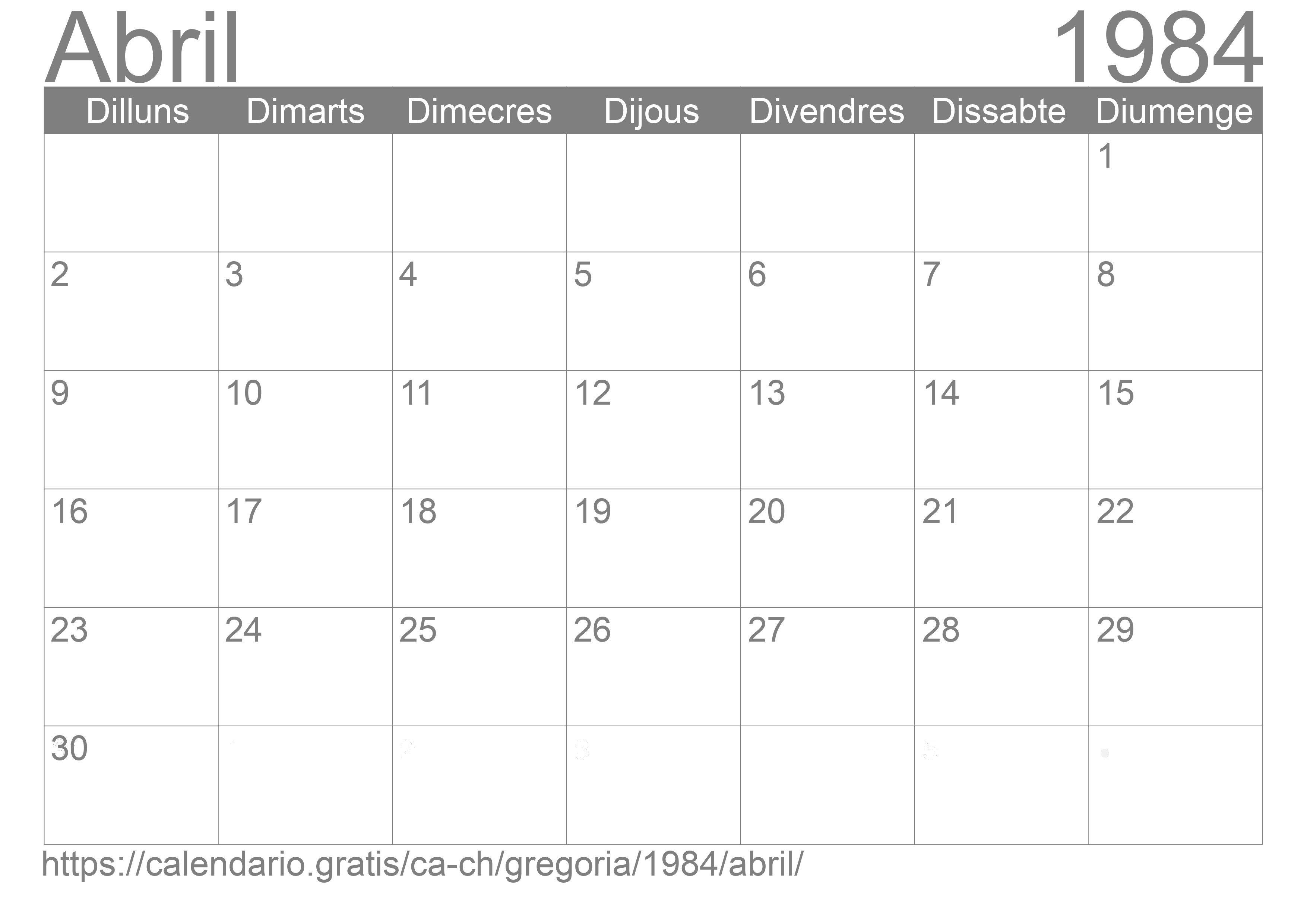 Calendari Abril 1984 per imprimir