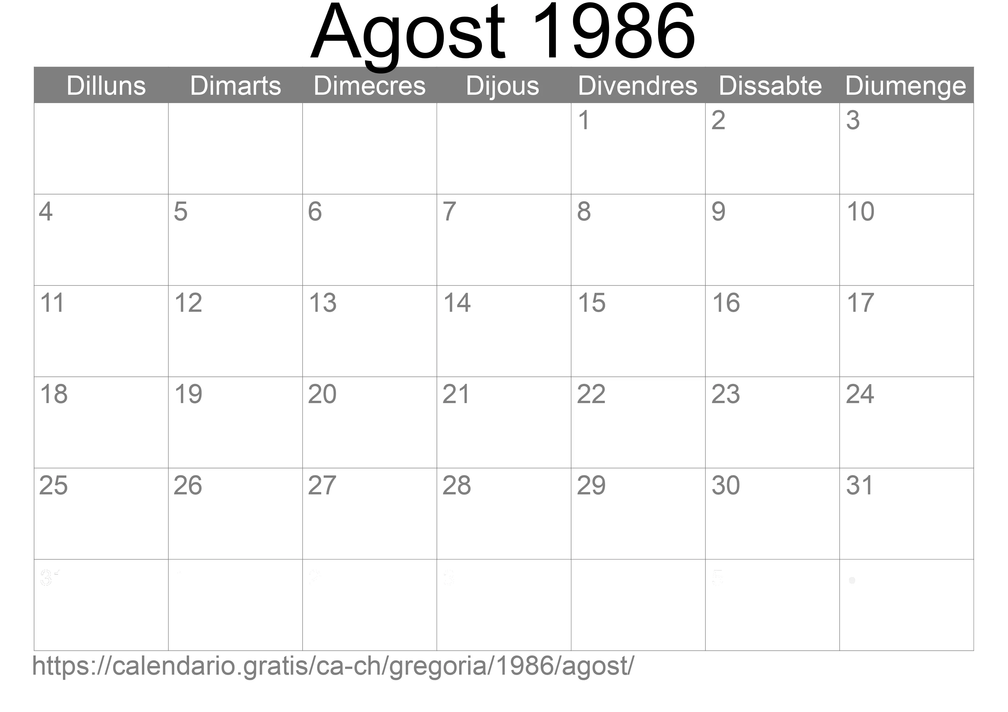 Calendari Agost 1986 per imprimir (Suïssa)