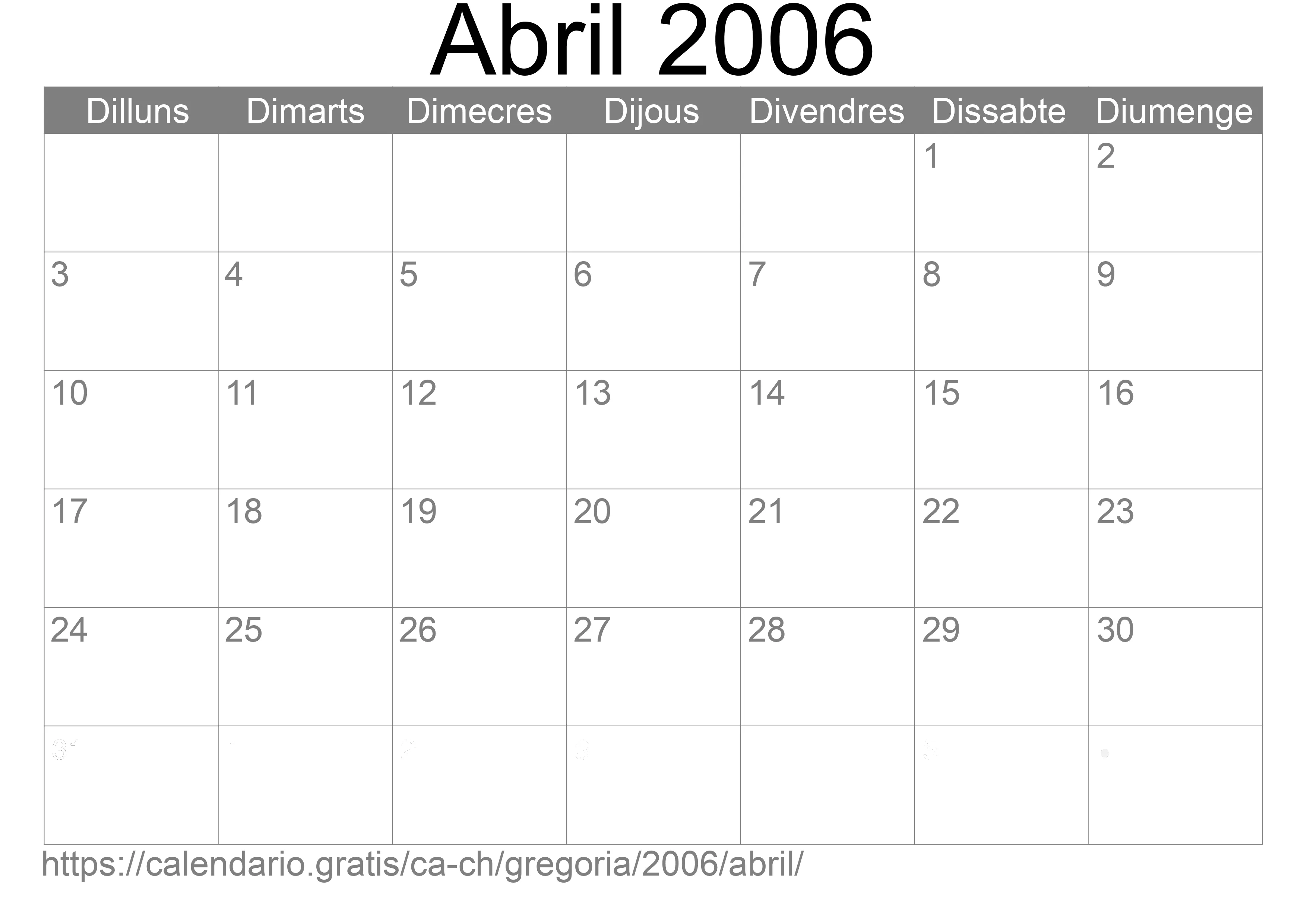 Calendari Abril 2006 per imprimir (Suïssa)