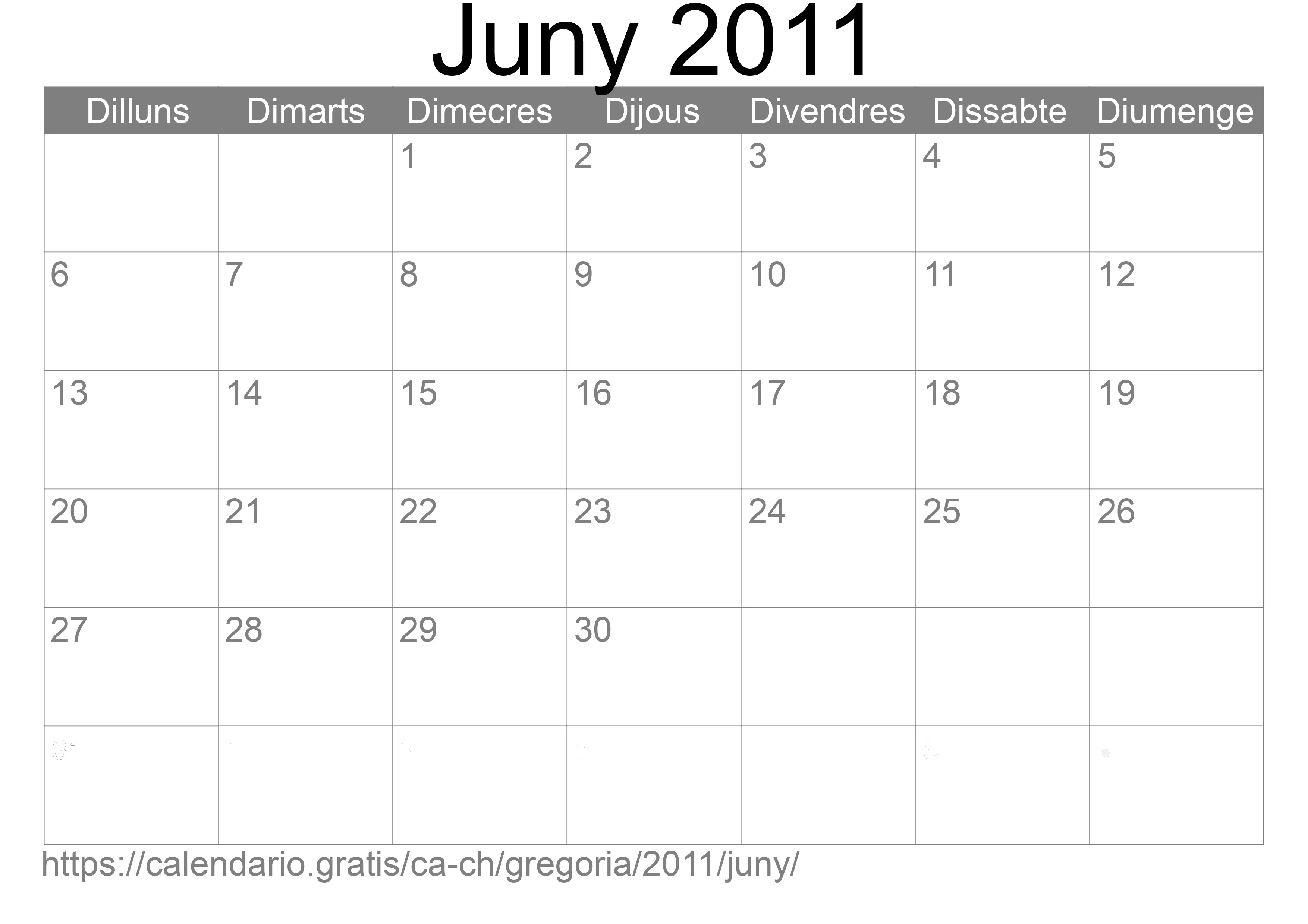 Calendari Juny 2011 per imprimir (Suïssa)