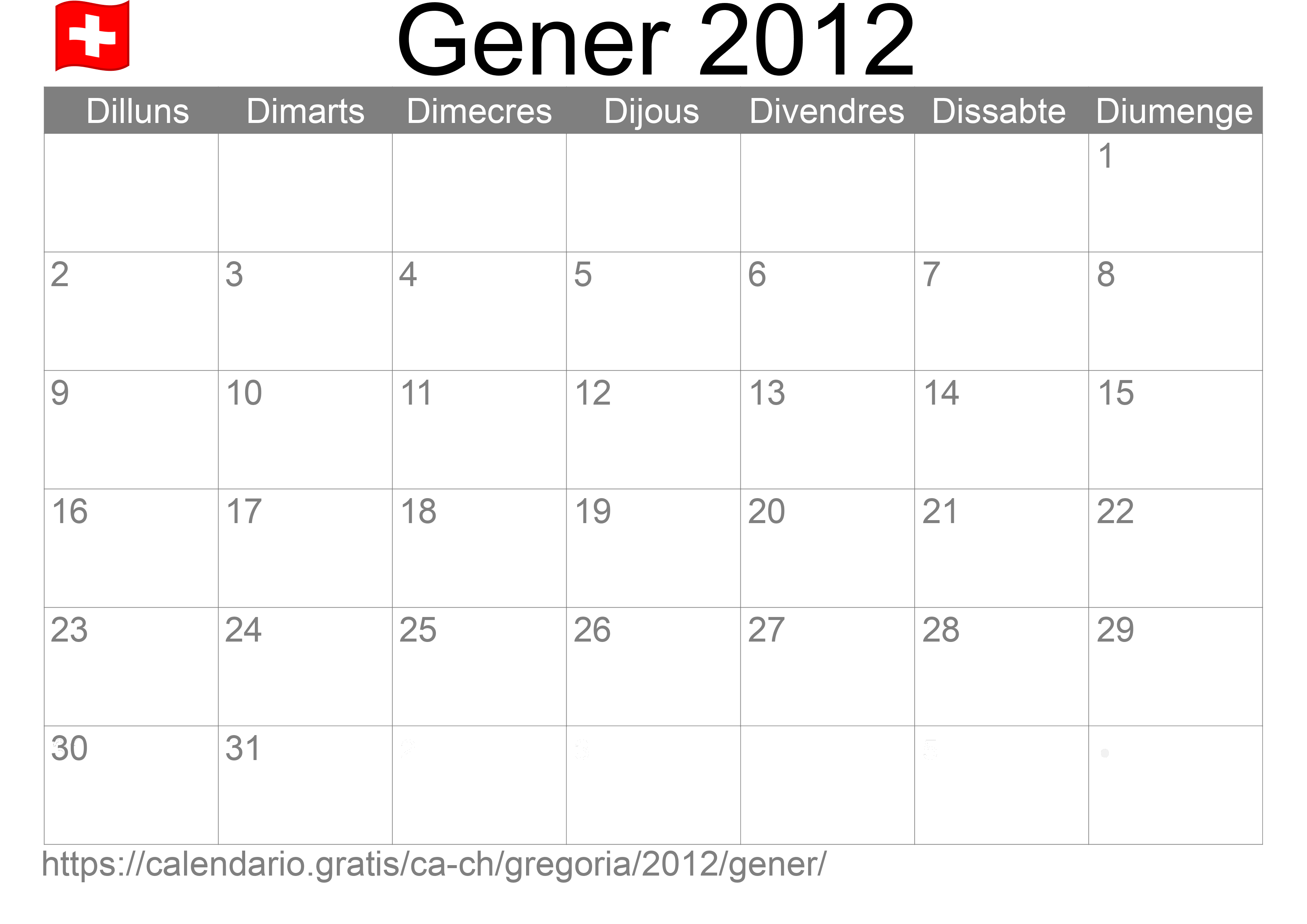 Calendari Gener 2012 per imprimir