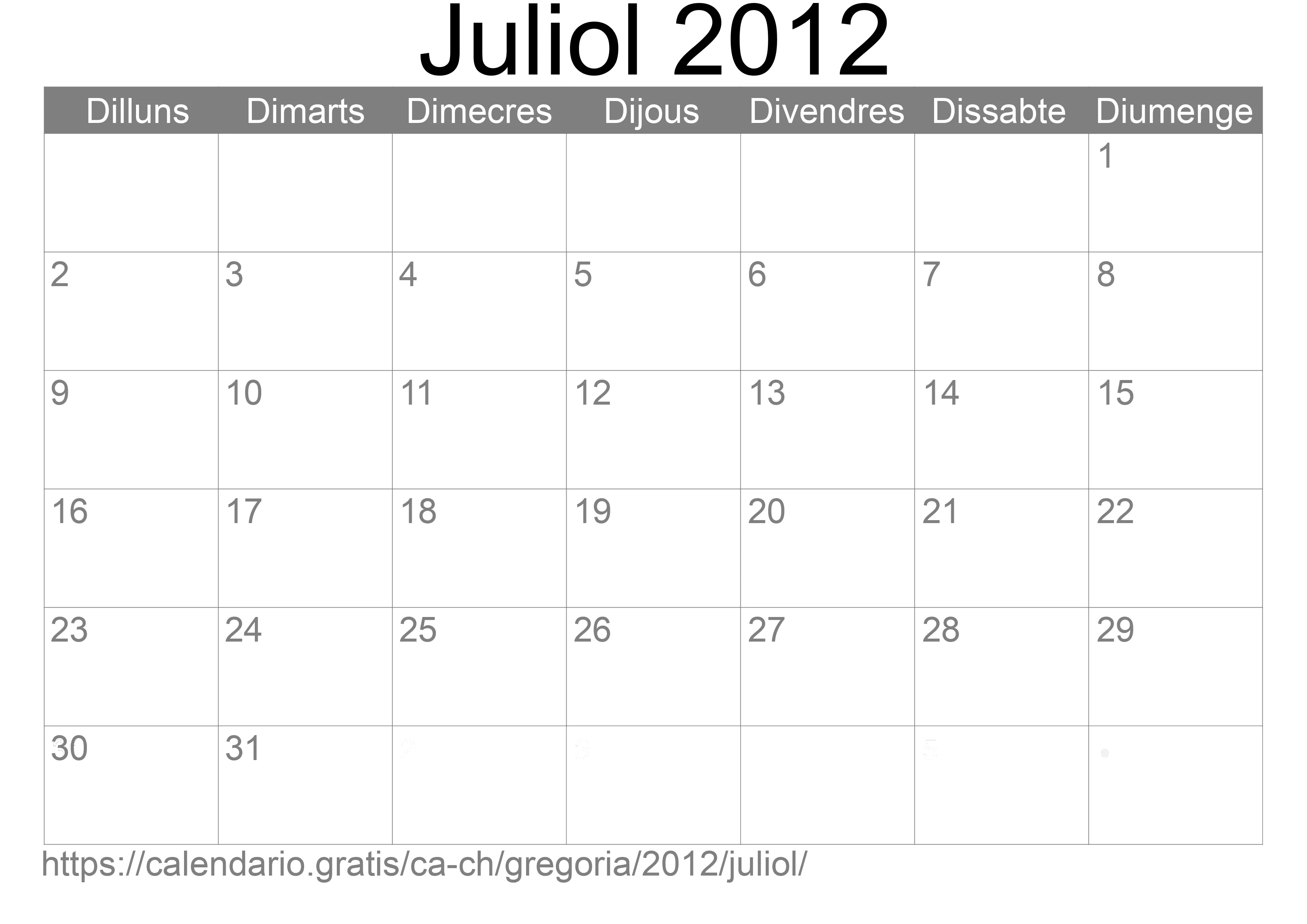 Calendari Juliol 2012 per imprimir (Suïssa)