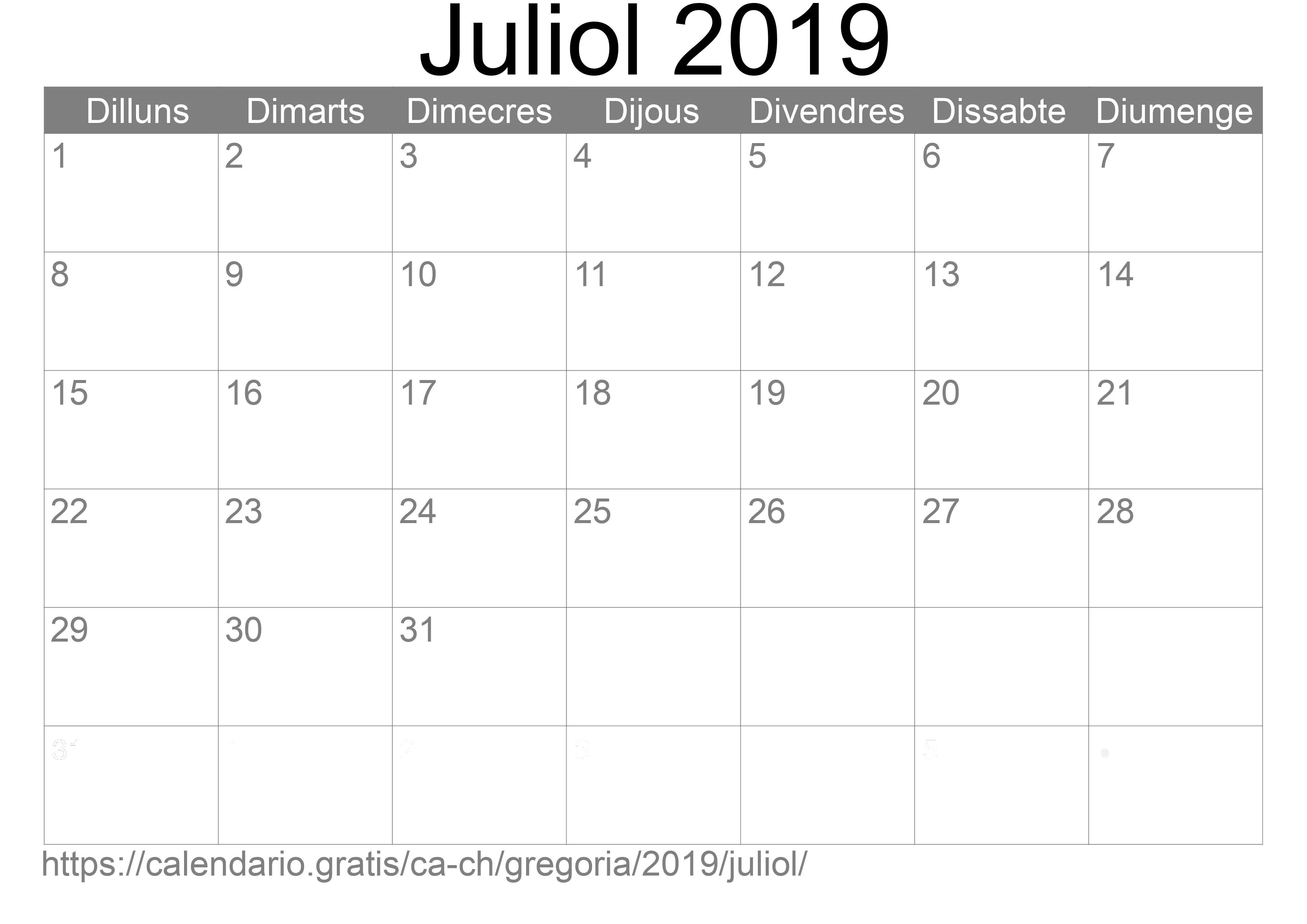 Calendari Juliol 2019 per imprimir (Suïssa) Calendari Juliol 2019 per imprimir (Suïssa)