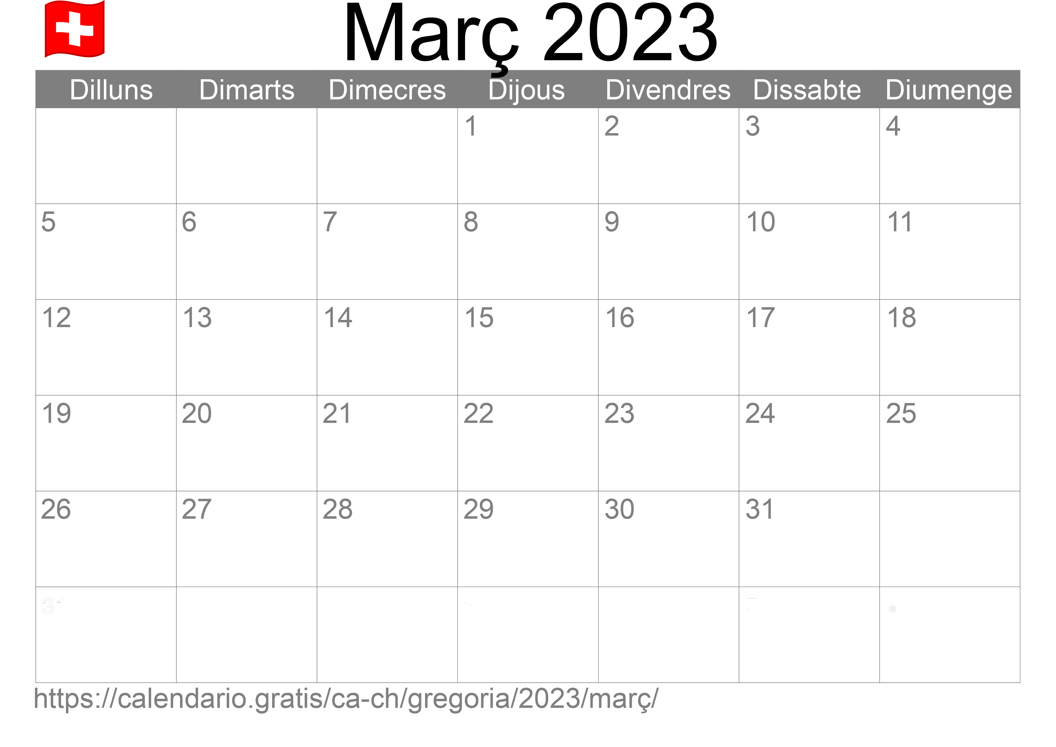 Calendari Març 2023 per imprimir