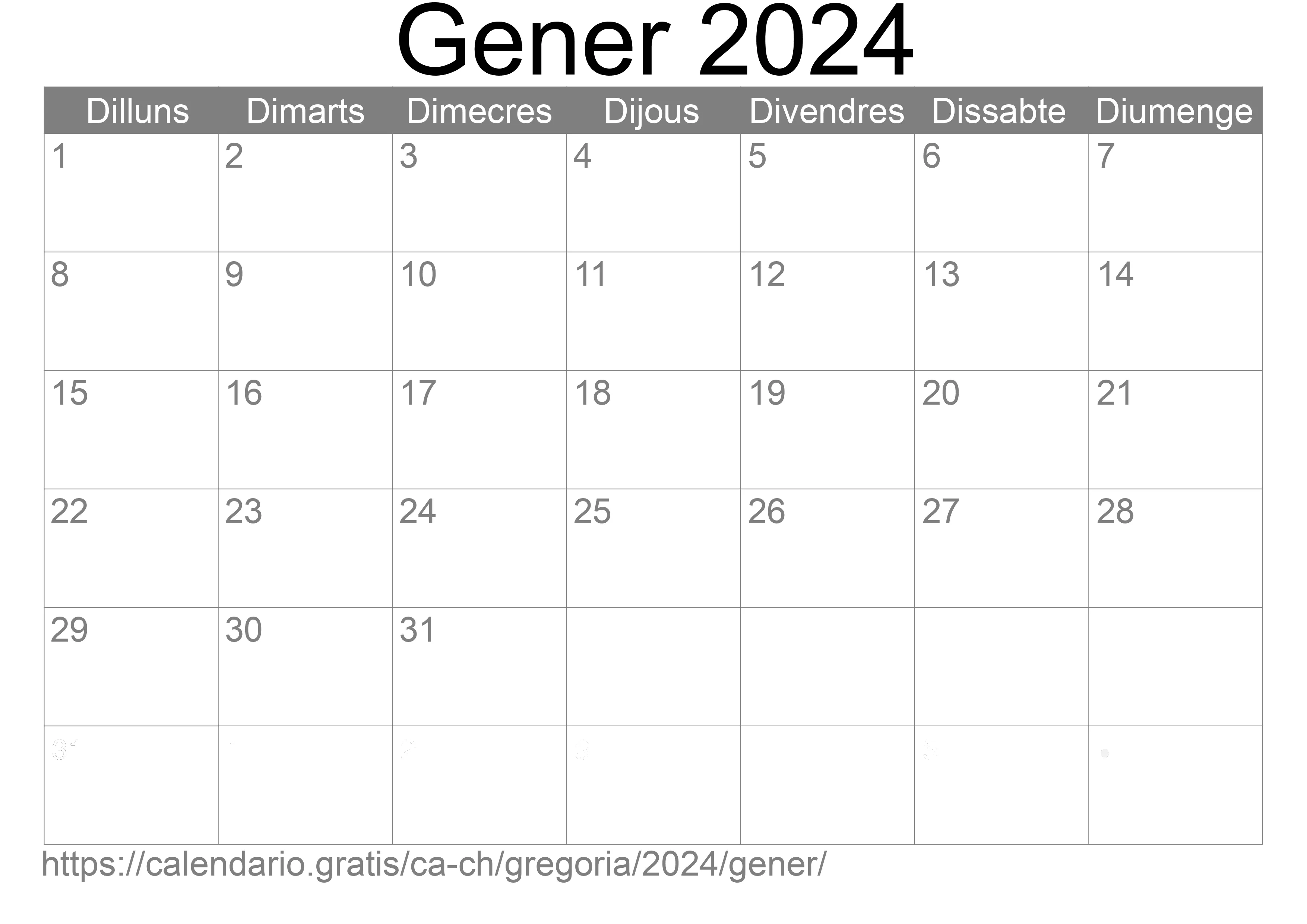 Calendari Gener 2024 per imprimir (Suïssa)