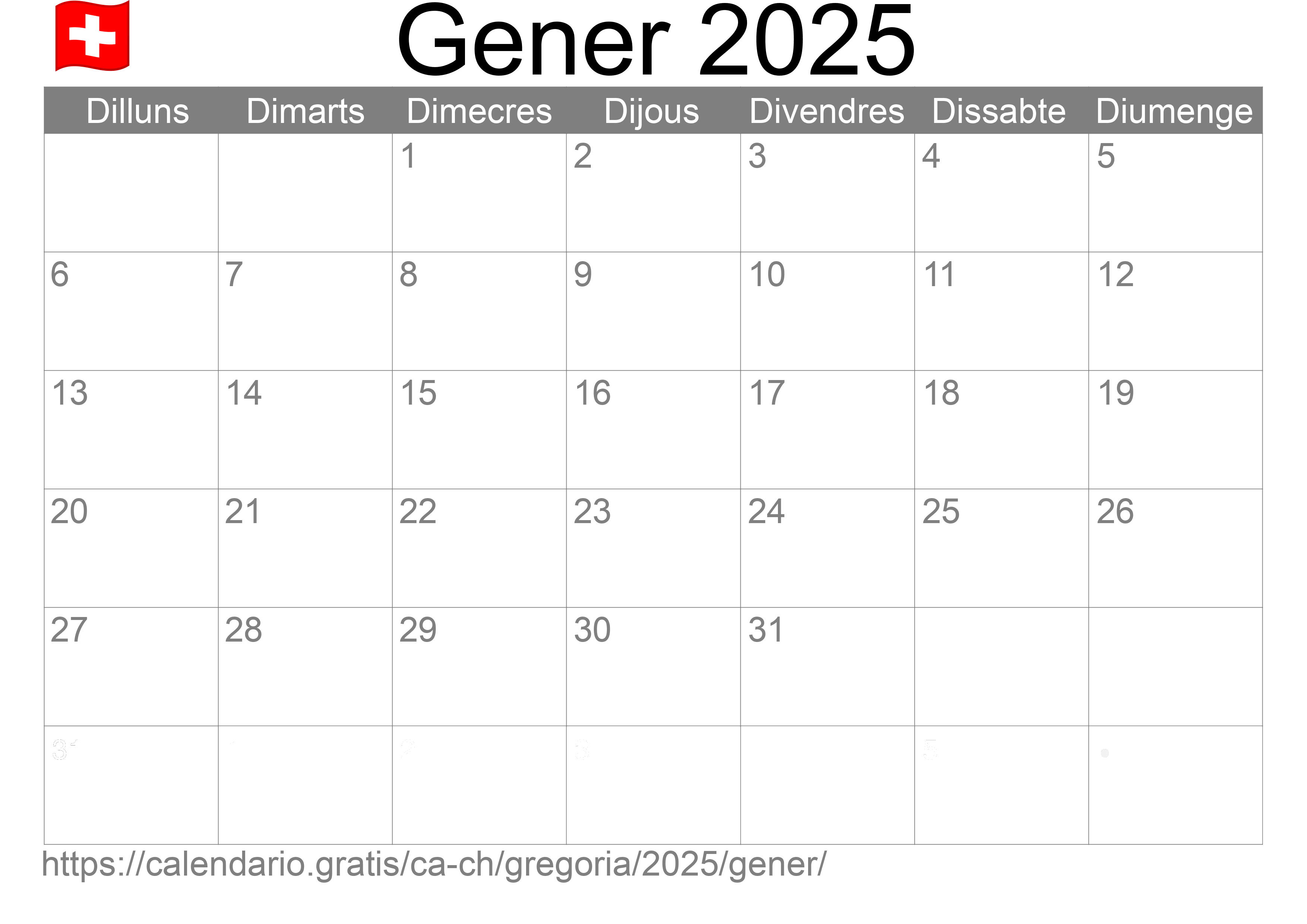 Calendari Gener 2025 per imprimir