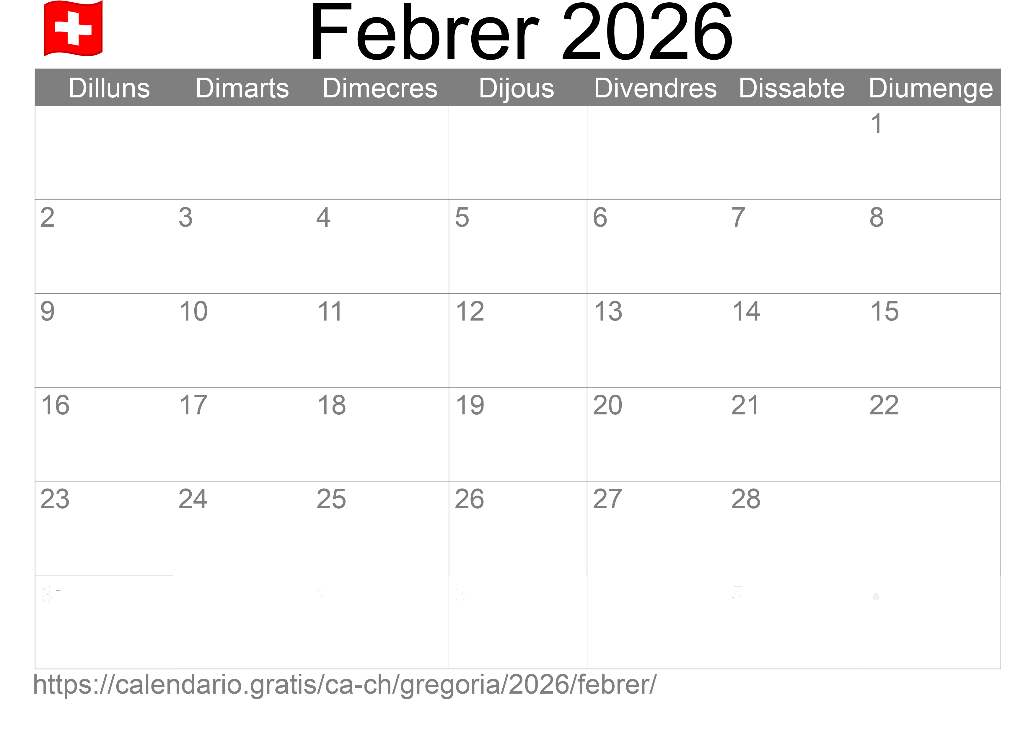 Calendari Febrer 2026 per imprimir