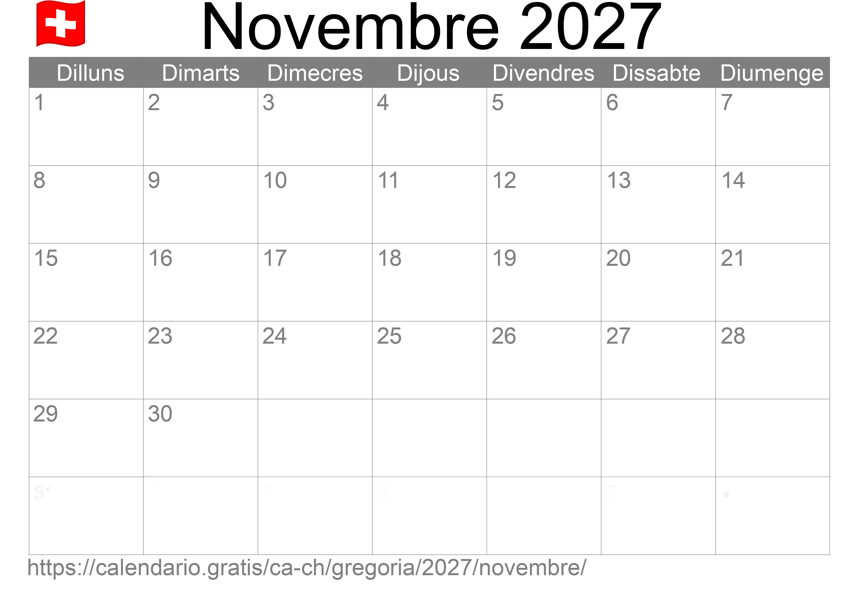 Calendari Novembre 2027 per imprimir