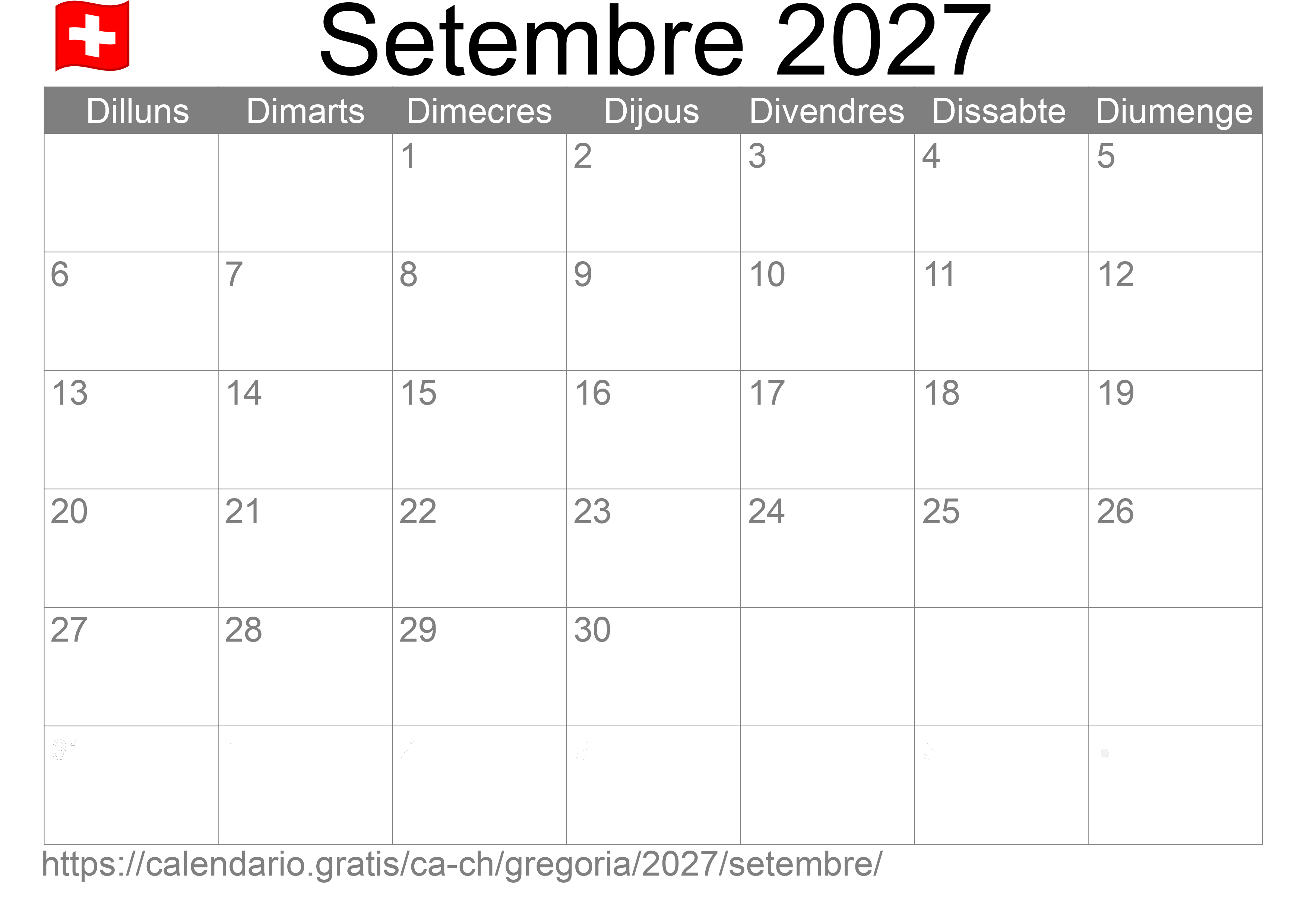 Calendari Setembre 2027 per imprimir