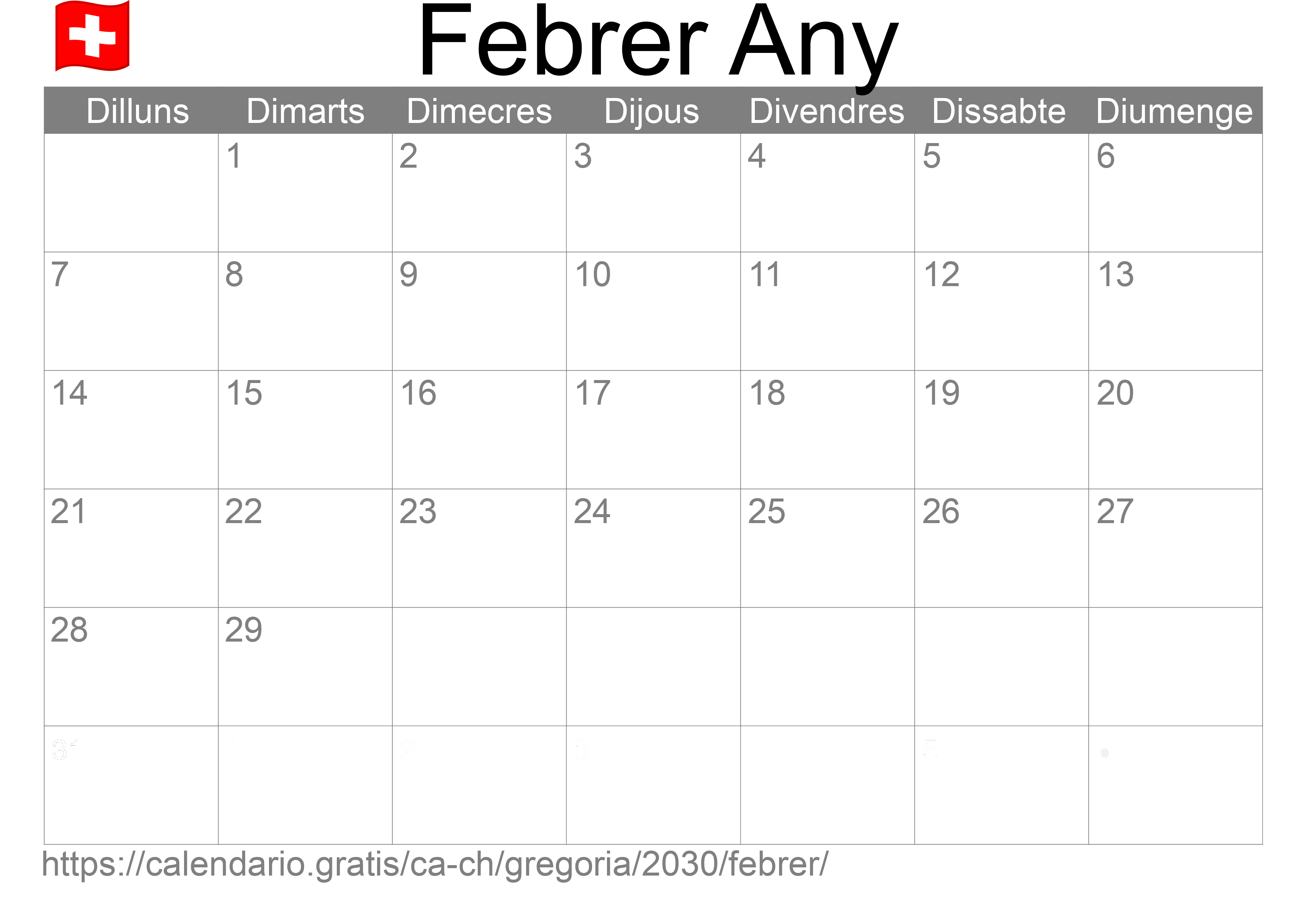 Calendari Febrer 2030 per imprimir