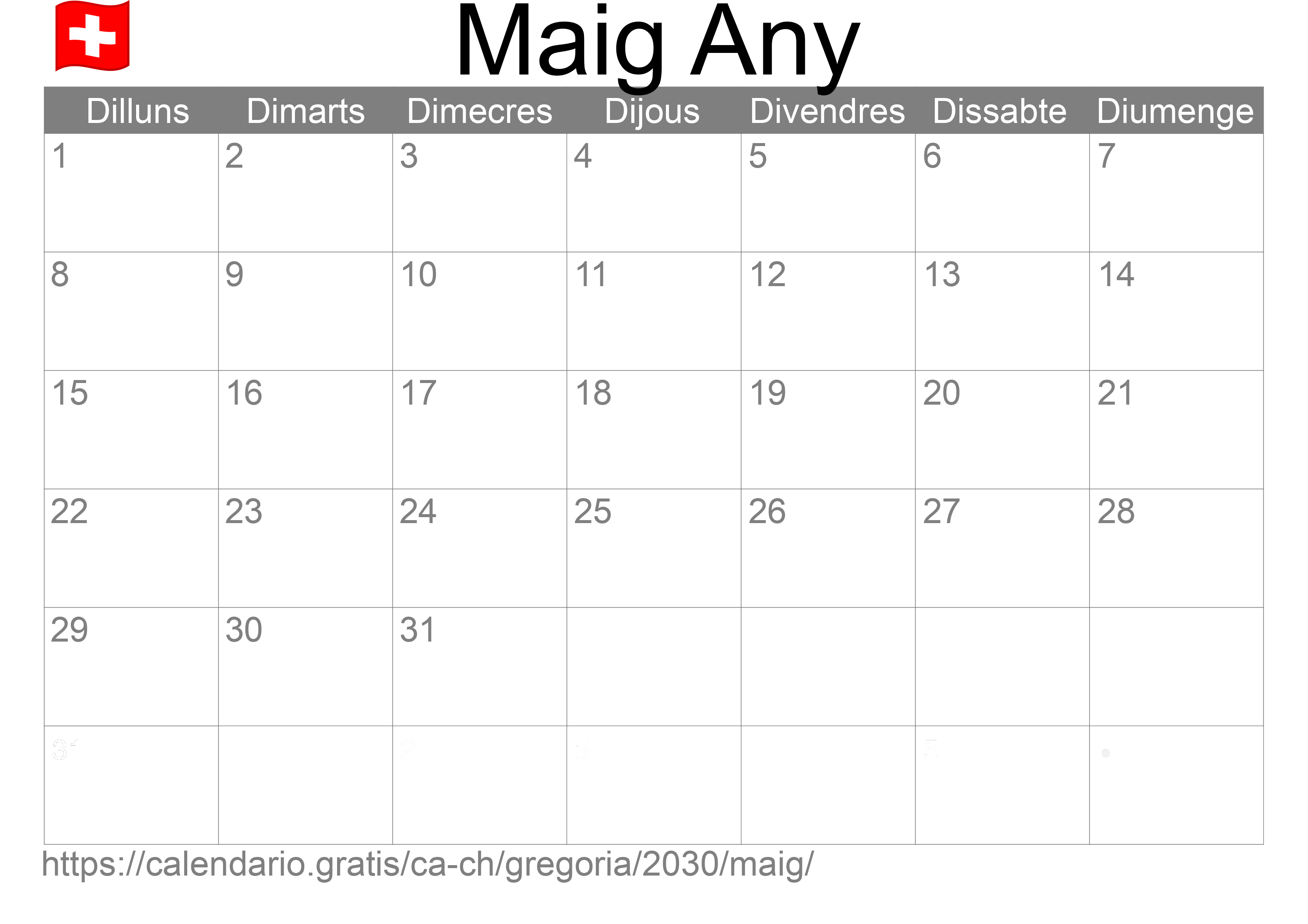 Calendari Maig 2030 per imprimir