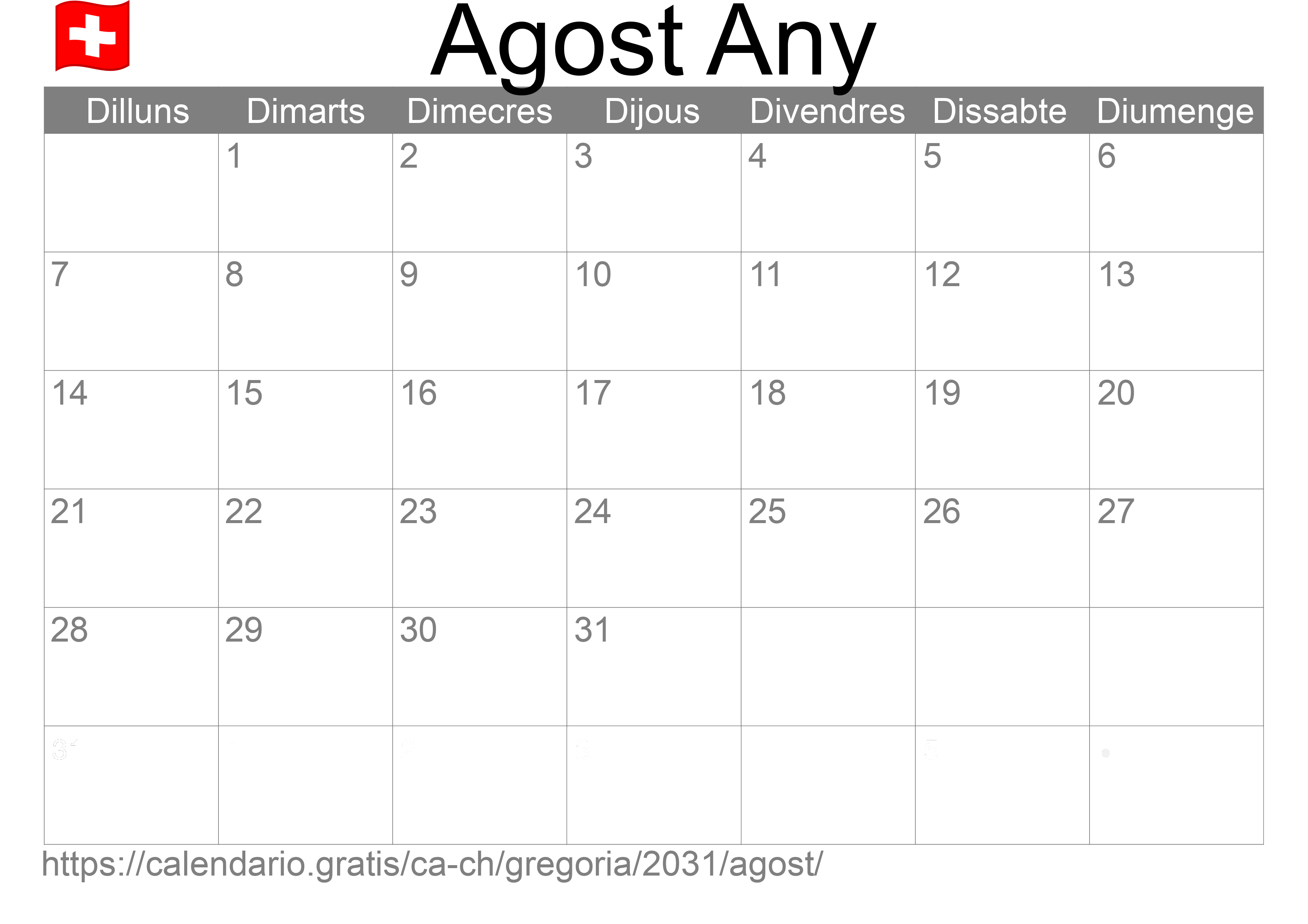 Calendari Agost 2031 per imprimir