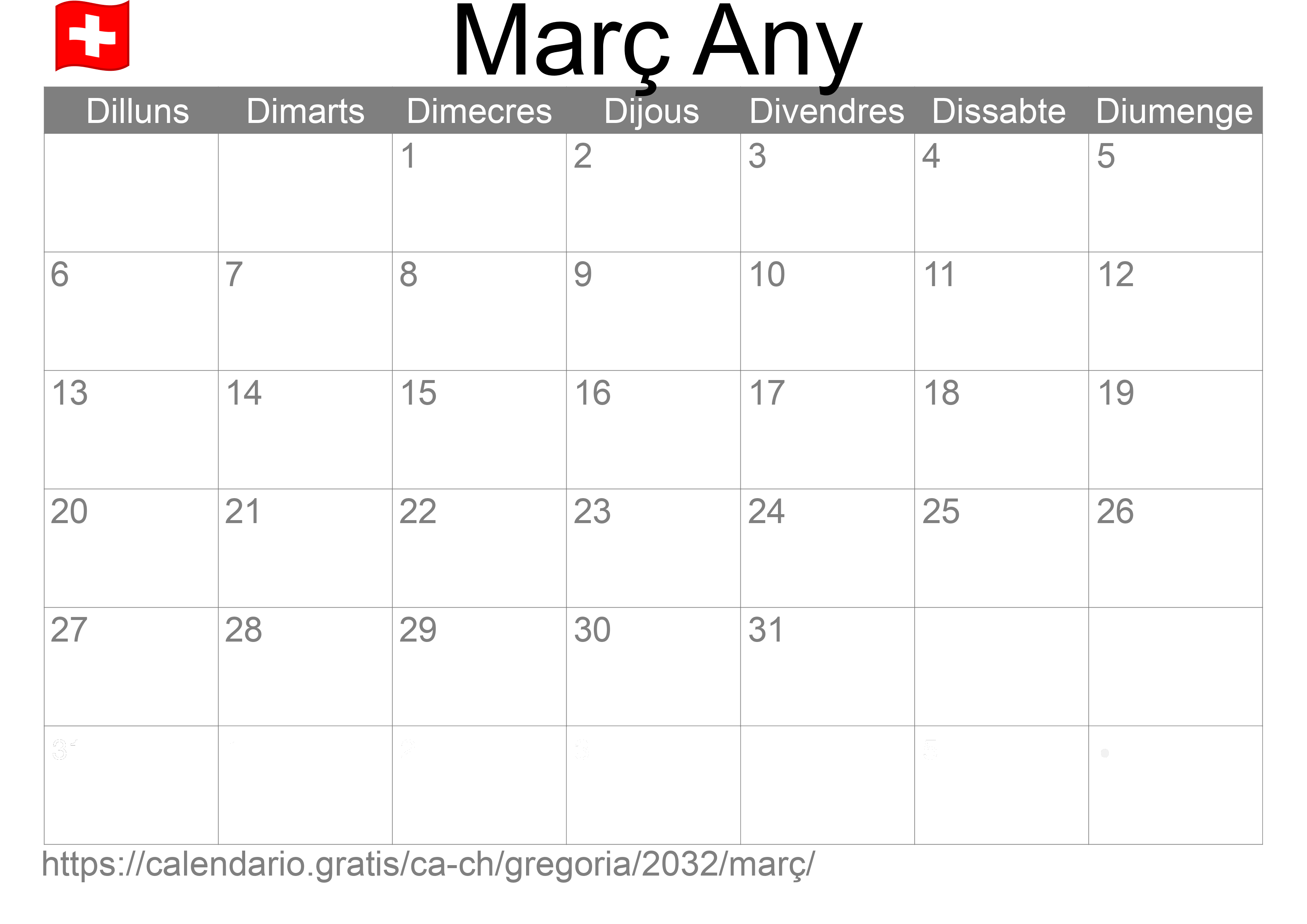 Calendari Març 2032 per imprimir