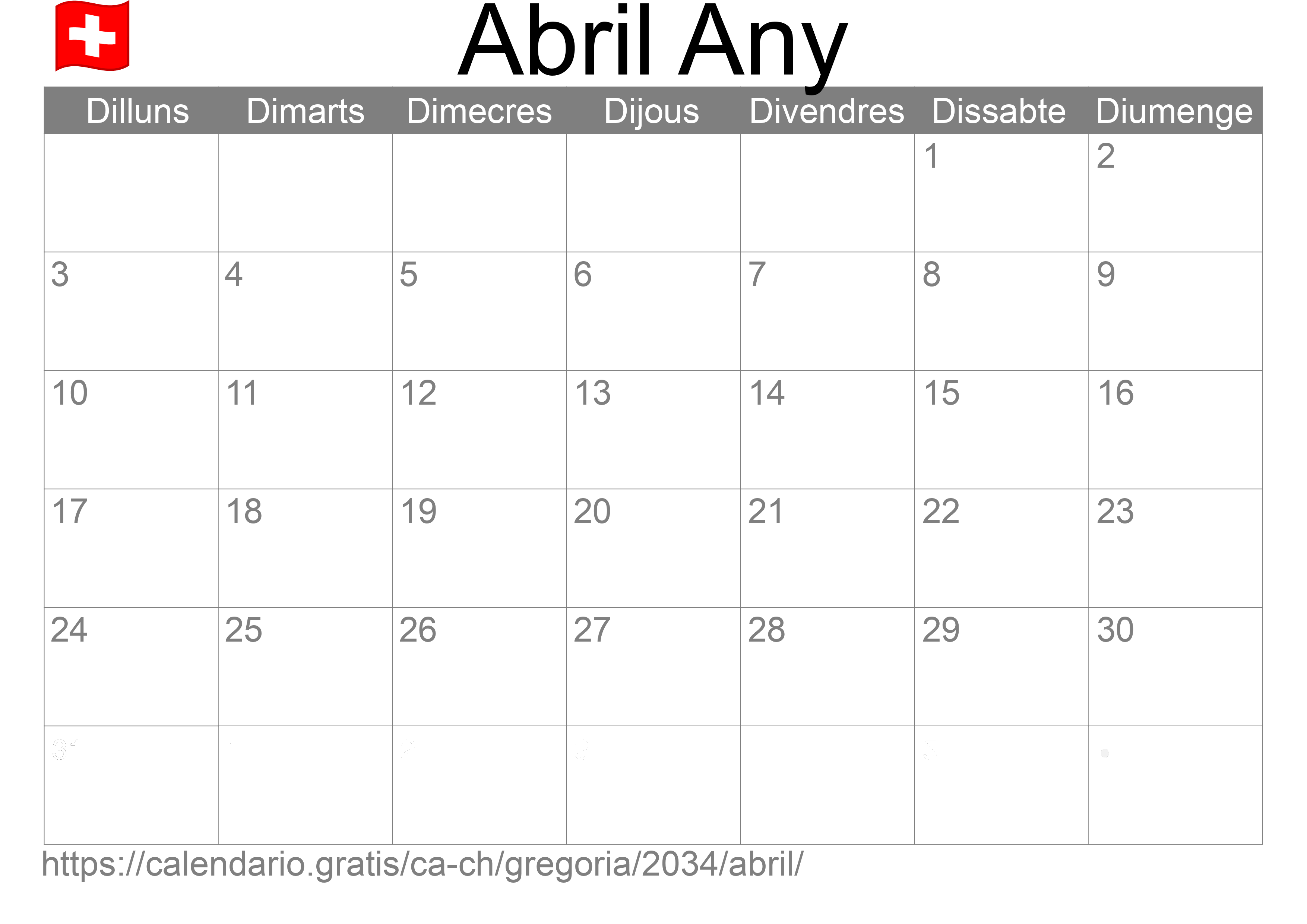 Calendari Abril 2034 per imprimir