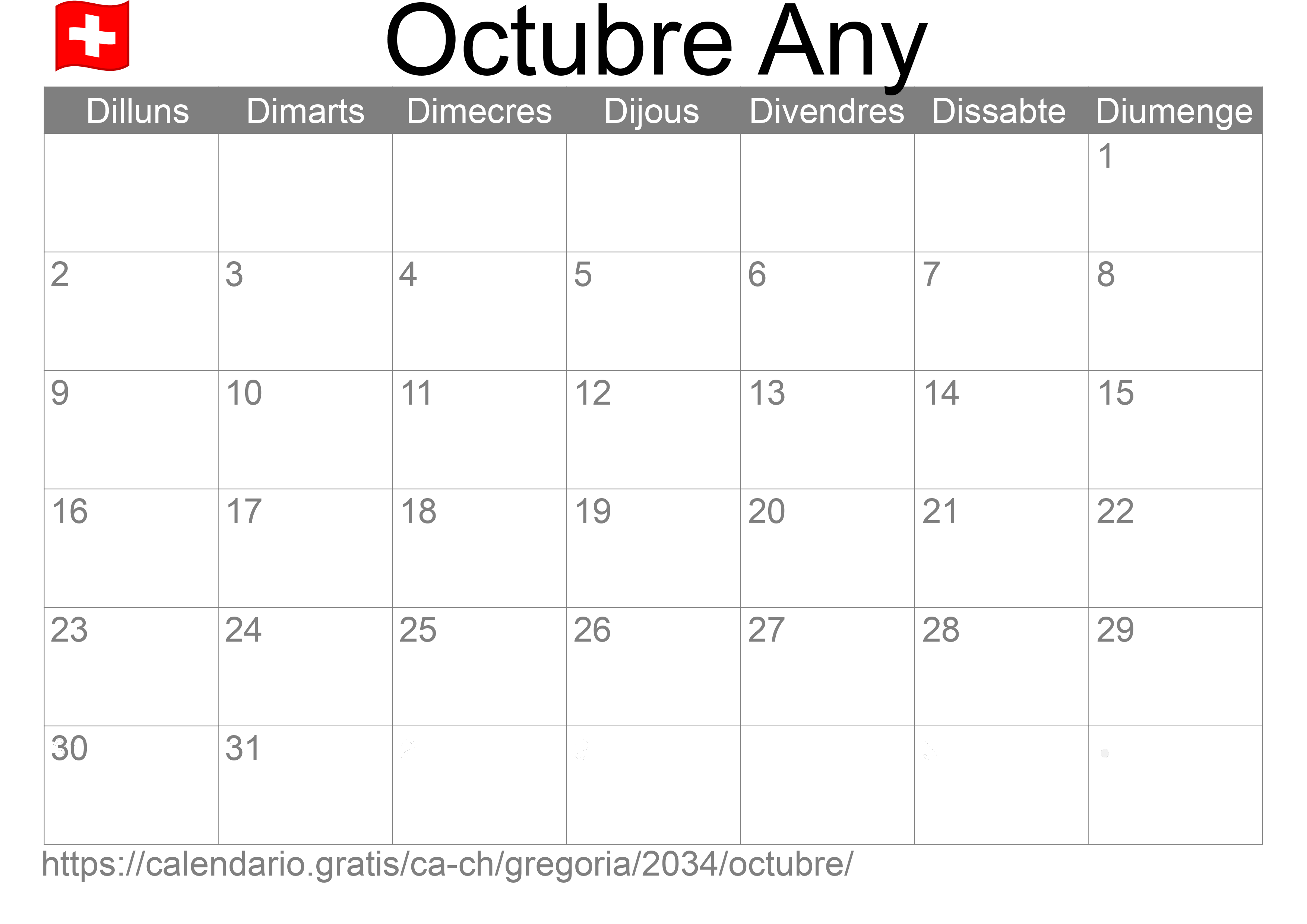 Calendari Octubre 2034 per imprimir